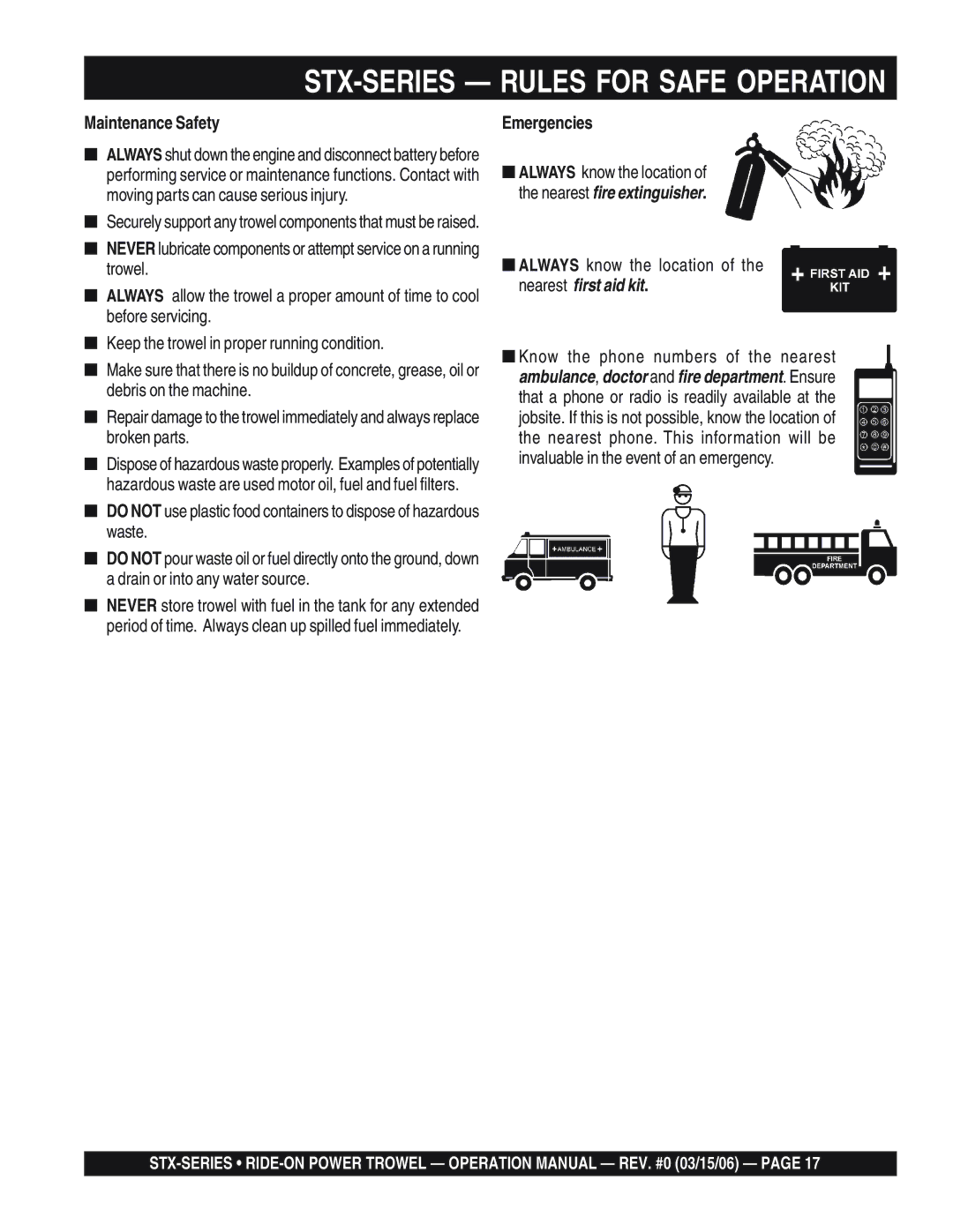 Multiquip STX55Y6 operation manual Maintenance Safety, Emergencies, Always know the location of the nearest first aid kit 