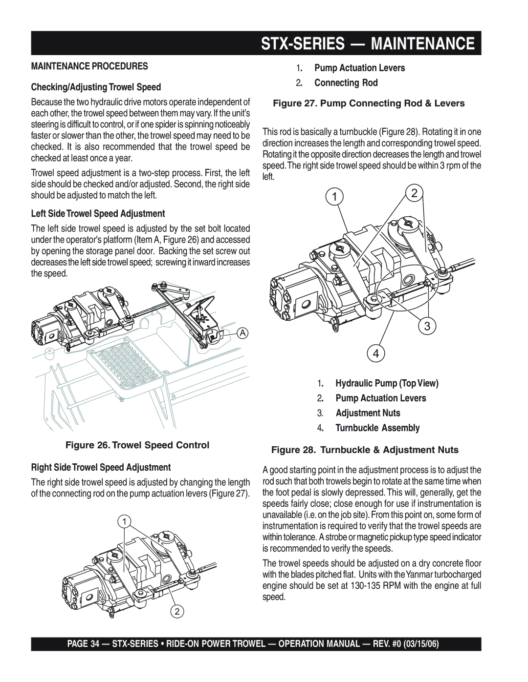 Multiquip STX55Y6 Maintenance Procedures, Checking/Adjusting Trowel Speed, Left Side Trowel Speed Adjustment 