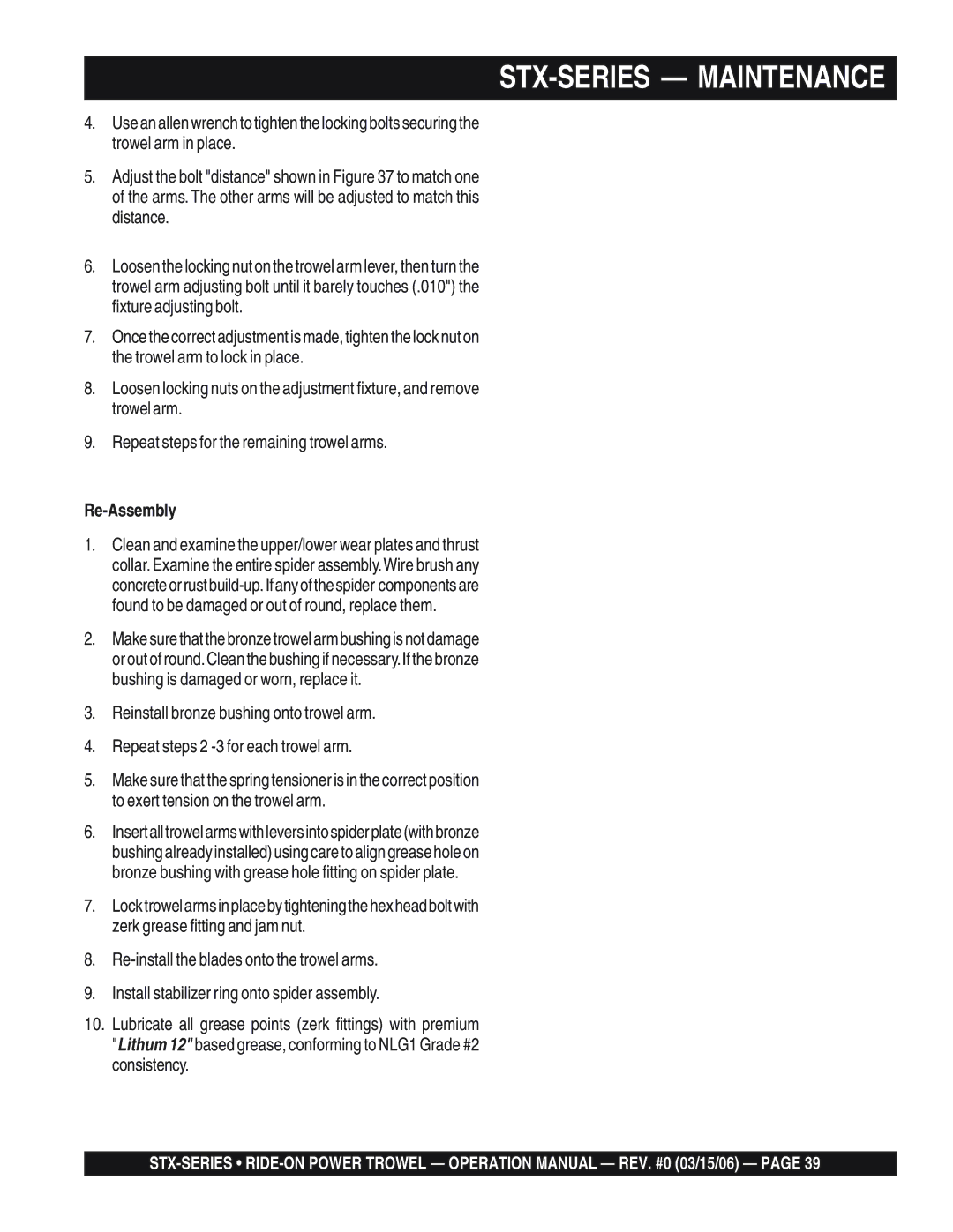 Multiquip STX55Y6 operation manual Re-Assembly 