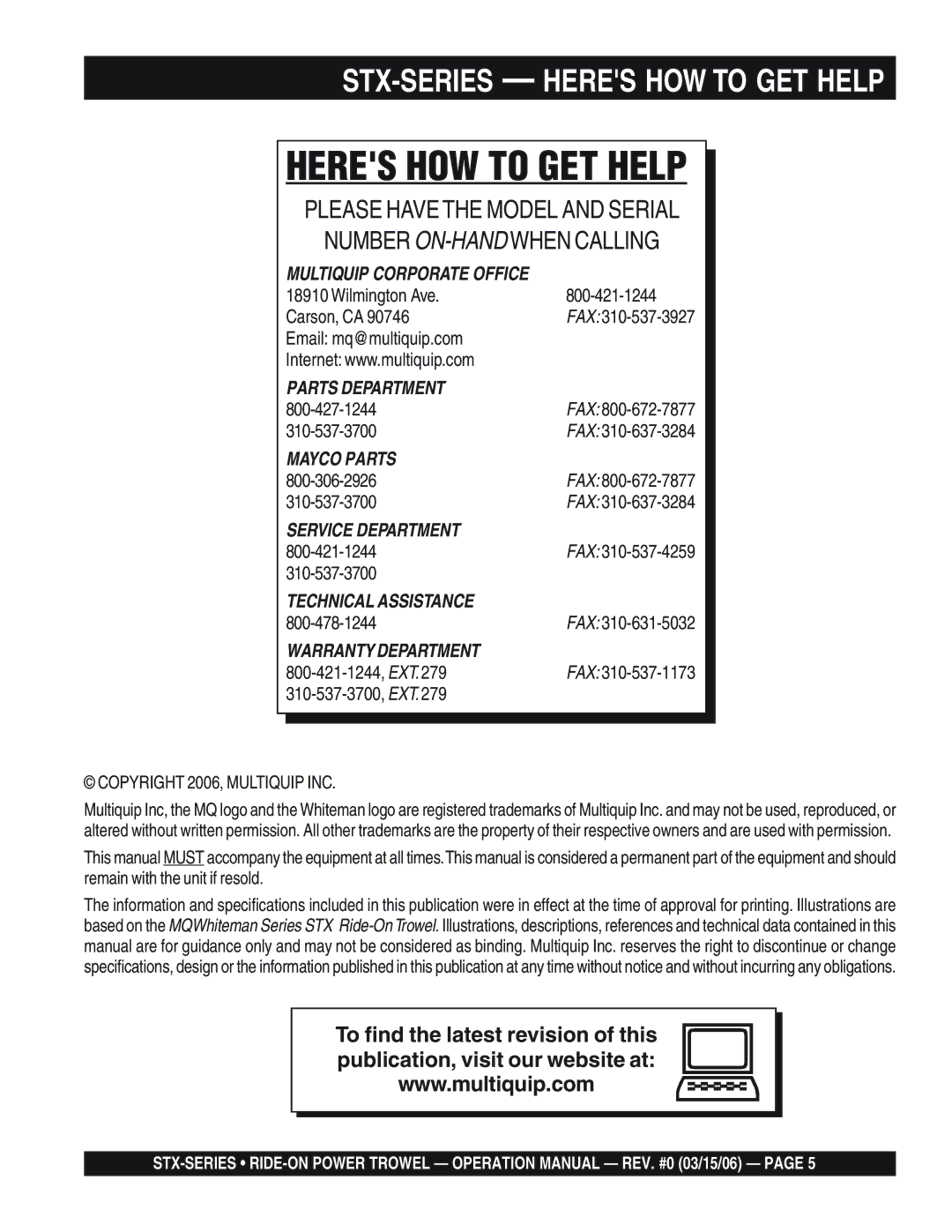 Multiquip STX55Y6 operation manual Heres HOW to GET Help 