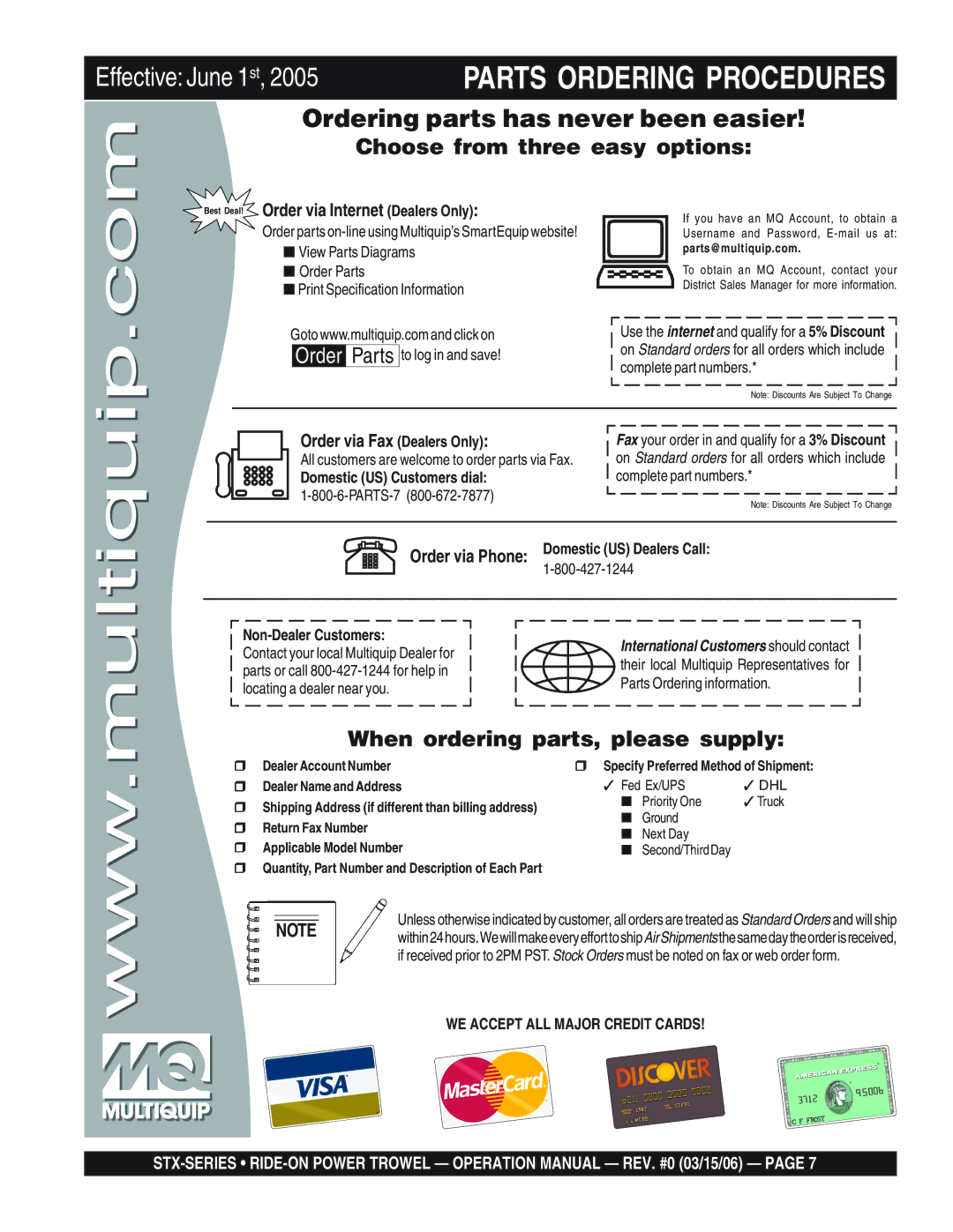 Multiquip STX55Y6 operation manual Best Deal! Order via Internet Dealers Only, Order via Fax Dealers Only 