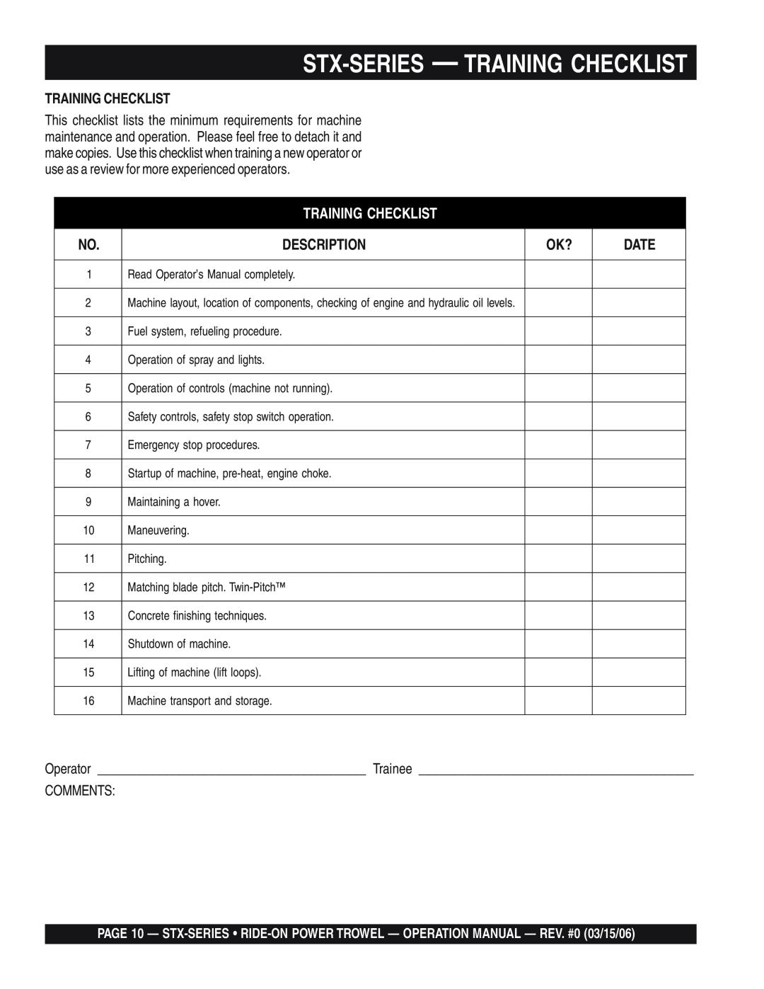 Multiquip STX55Y6 operation manual Stx-Series - Training Checklist, Description, Date 