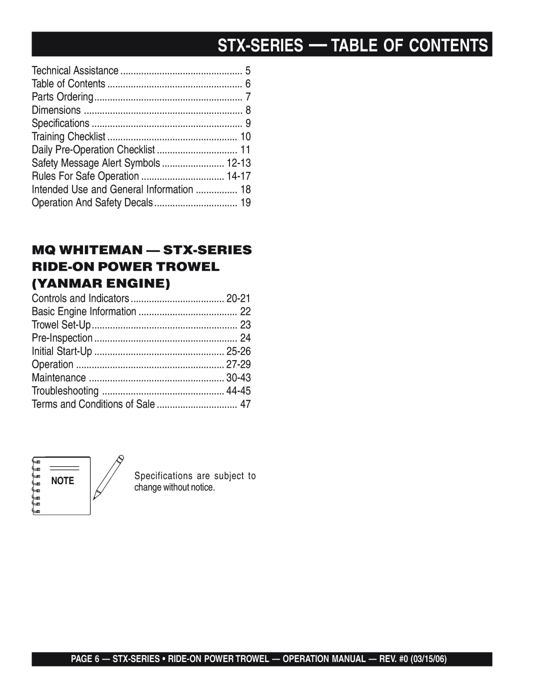Multiquip STX55Y6 Mq Whiteman - Stx-Series Ride-Onpower Trowel, Yanmar Engine, Stx-Series - Table Of Contents 