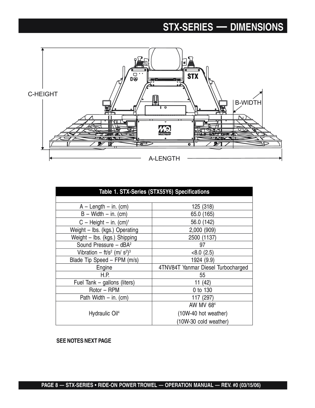 Multiquip Stx-Series - Dimensions, C-Height B-Width A-Length, STX-SeriesSTX55Y6 Specifications, See Notes Next Page 