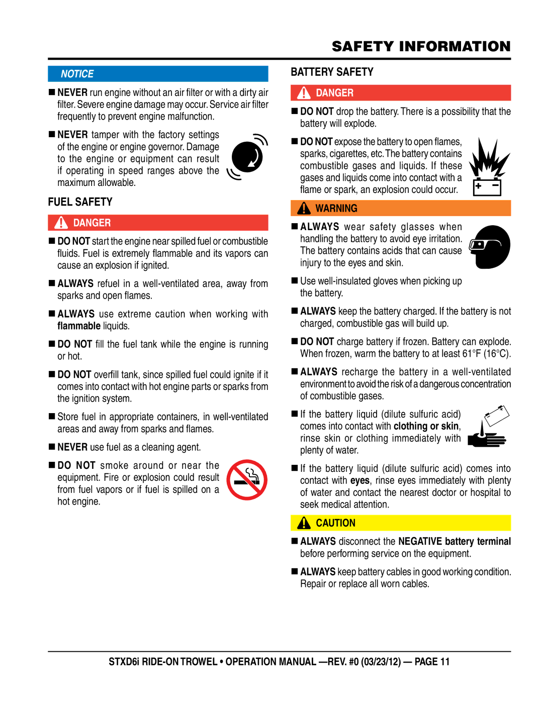 Multiquip STXD6i operation manual FueL safeTy, BaTTeRy safeTy, „ Use well-insulated gloves when picking up the battery 