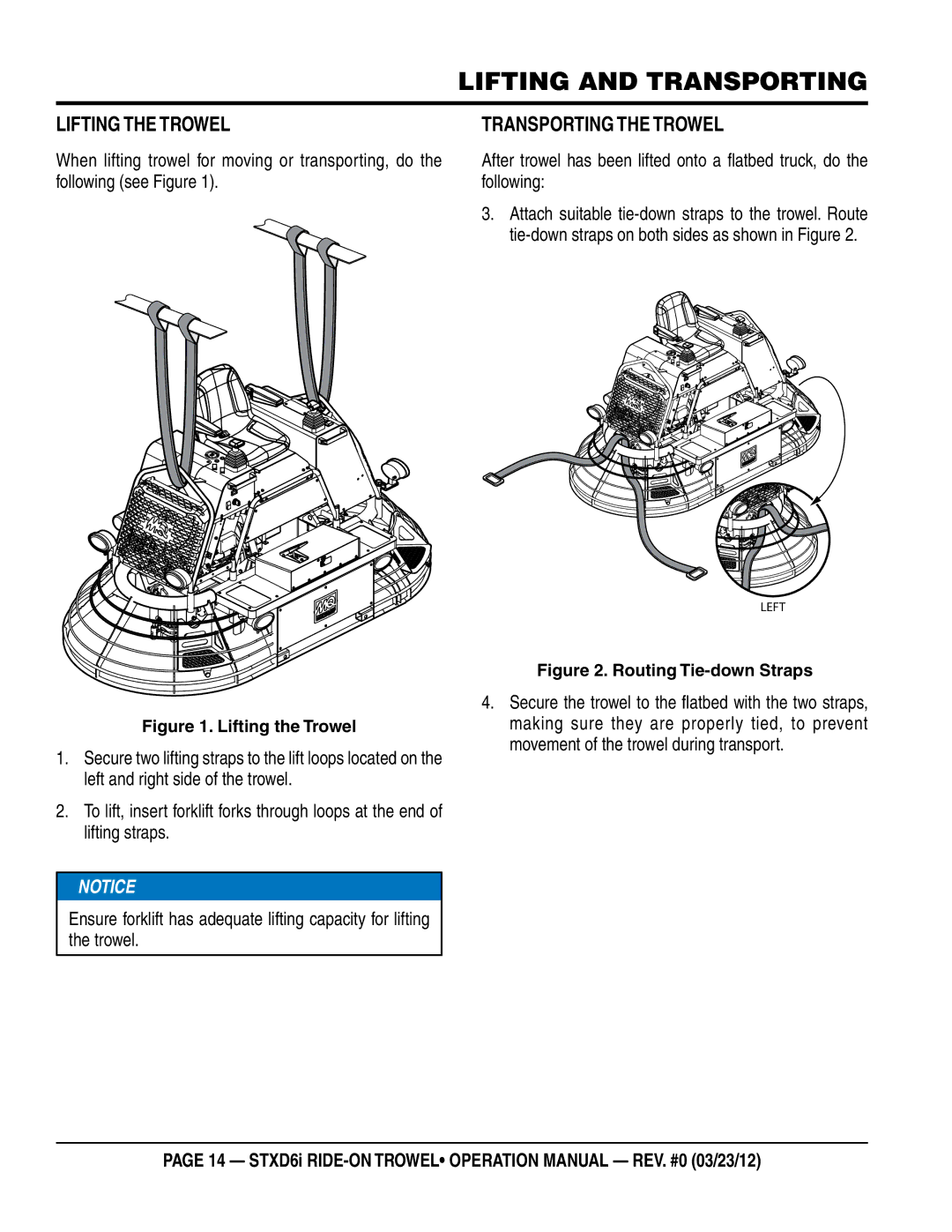 Multiquip STXD6i operation manual Lifting and transporting, Lifting the trowel, Transporting the trowel 