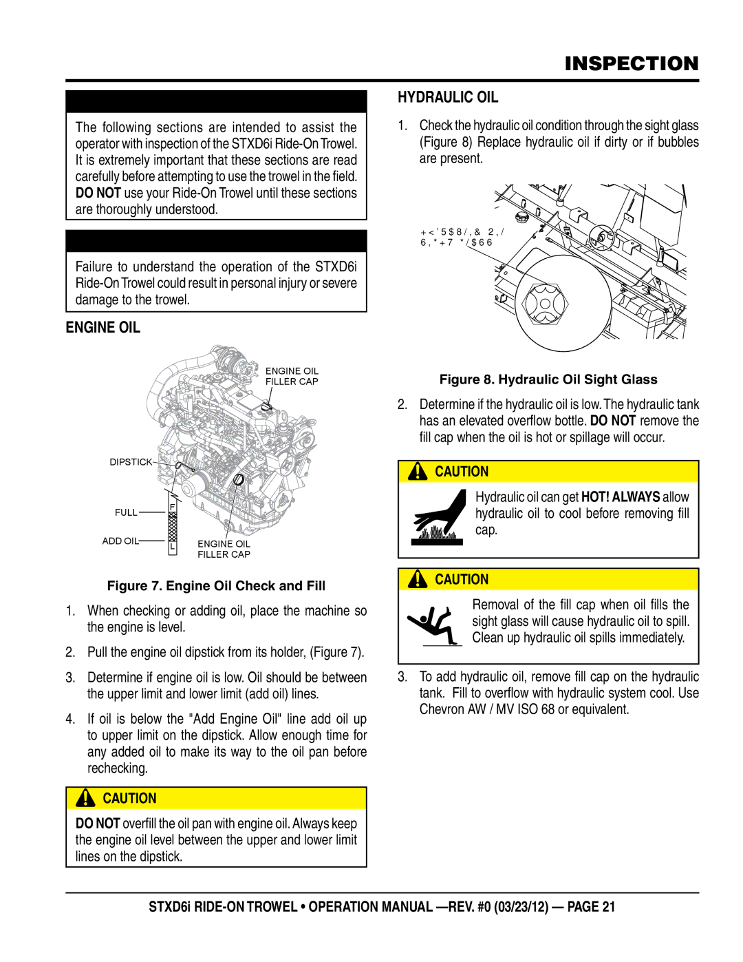 Multiquip STXD6i operation manual Inspection, Engine Oil, Hydraulic Oil 