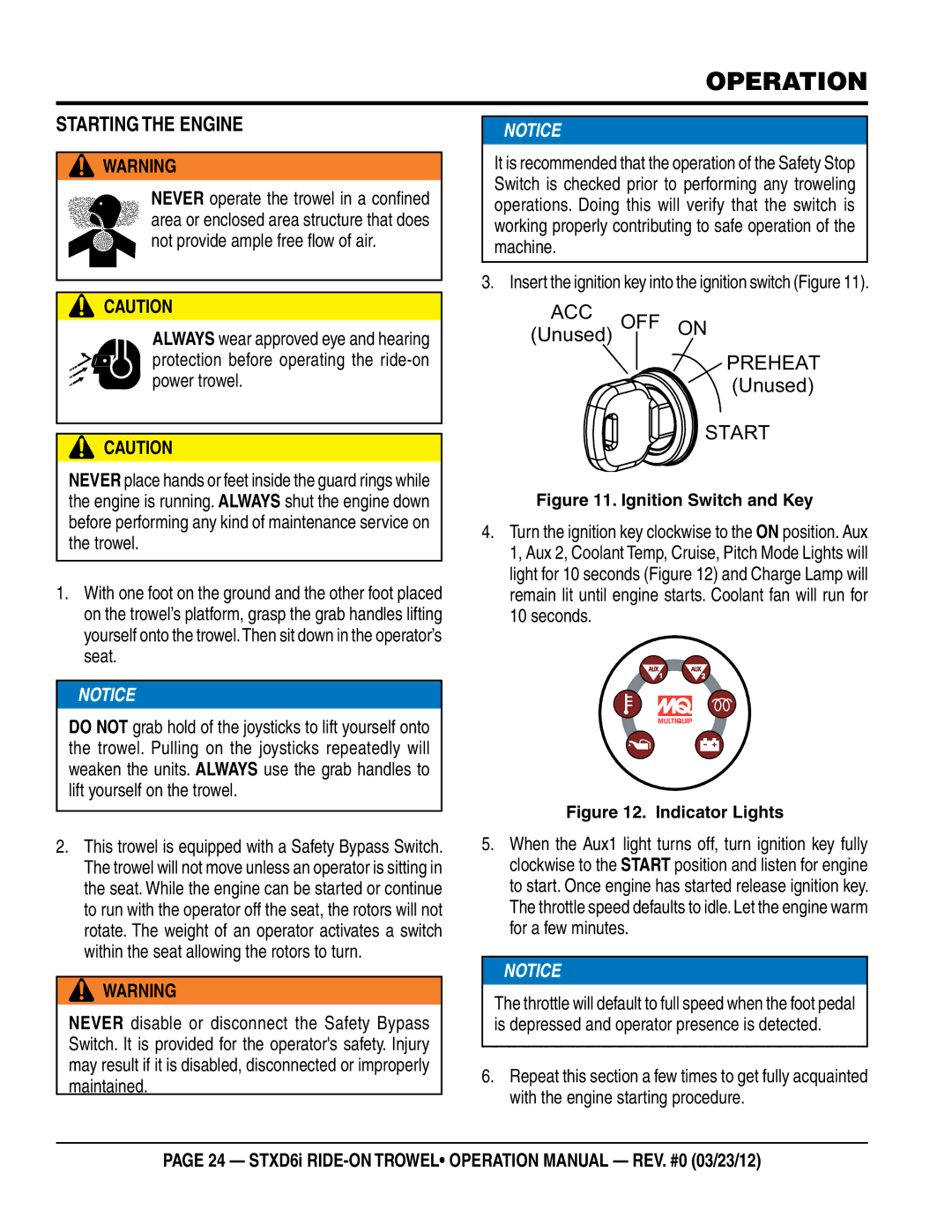 Multiquip STXD6i operation manual Operation, Starting the Engine, Insert the ignition key into the ignition switch Figure 