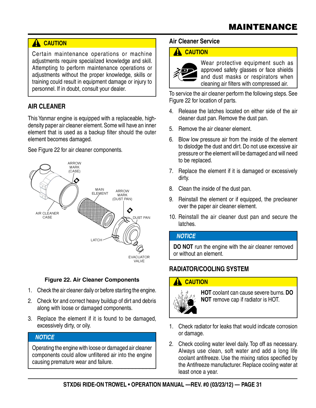 Multiquip STXD6i operation manual Air Cleaner Service, Radiator/Cooling System 