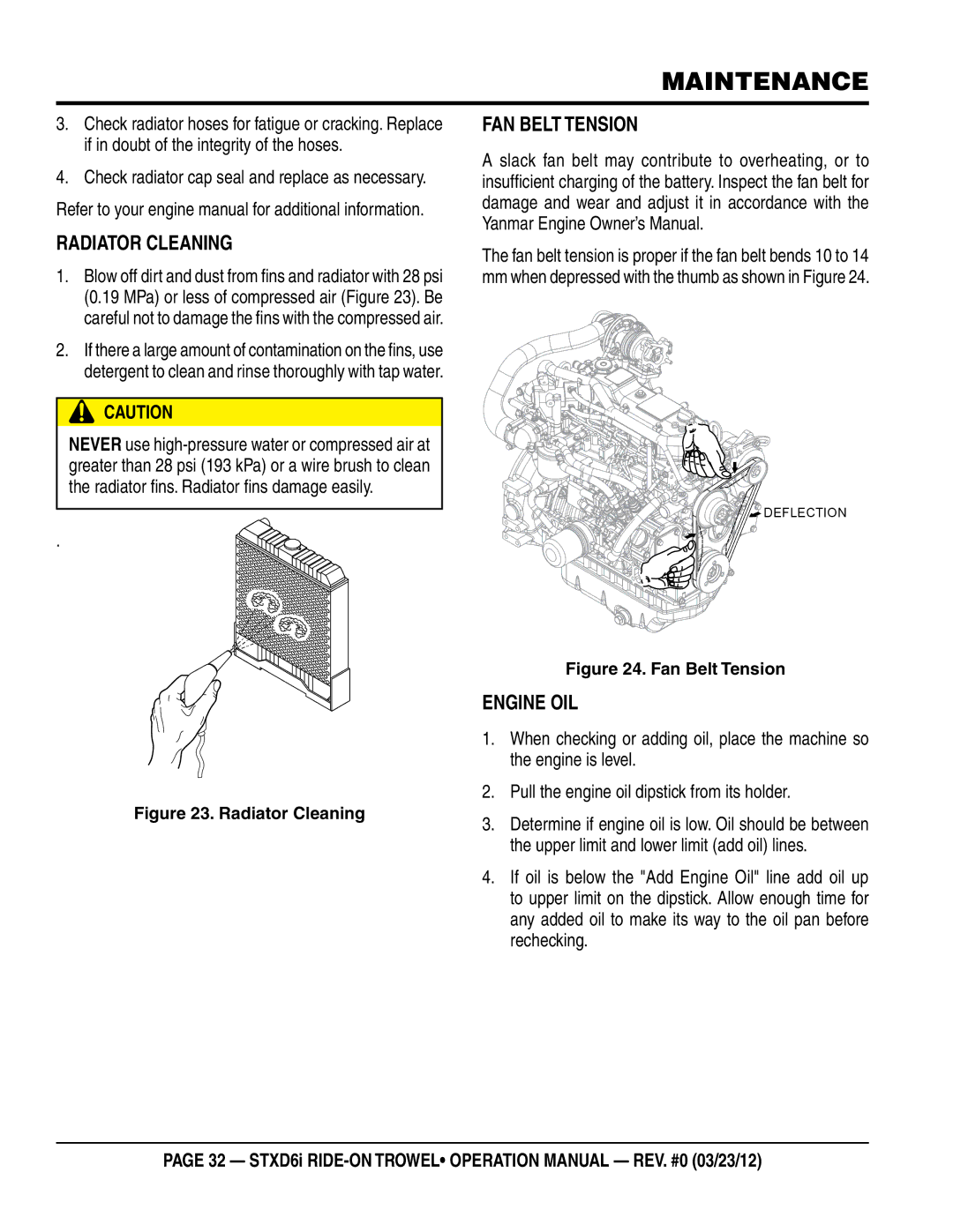 Multiquip STXD6i operation manual Radiator Cleaning, Fan Belt Tension 