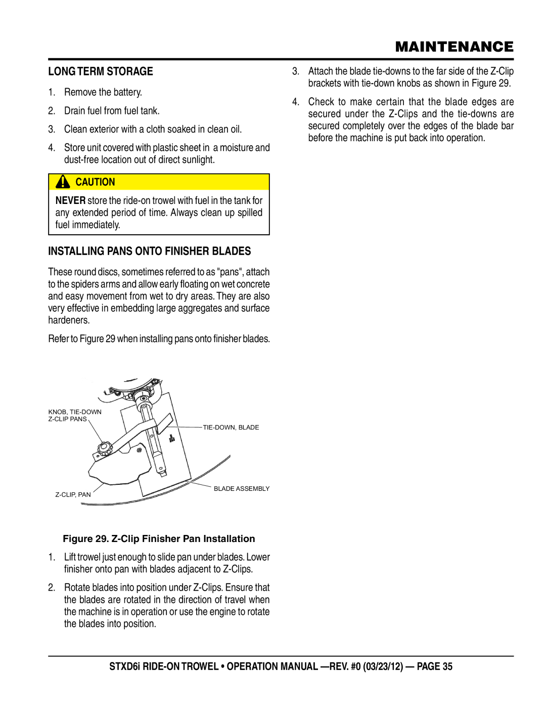 Multiquip STXD6i operation manual Long Term Storage, Installing Pans Onto Finisher Blades 