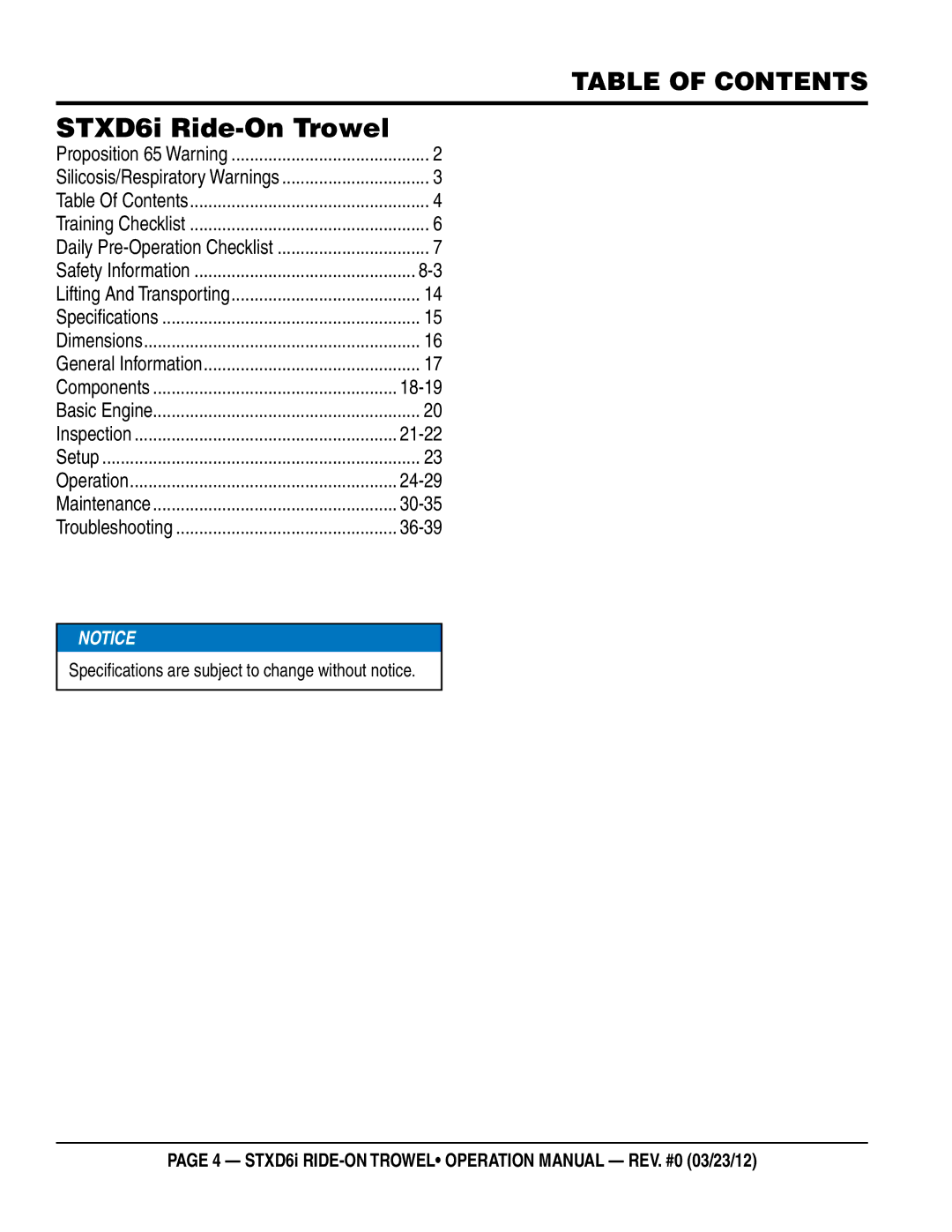 Multiquip STXD6i operation manual Table of Contents, Specifications are subject to change without notice 