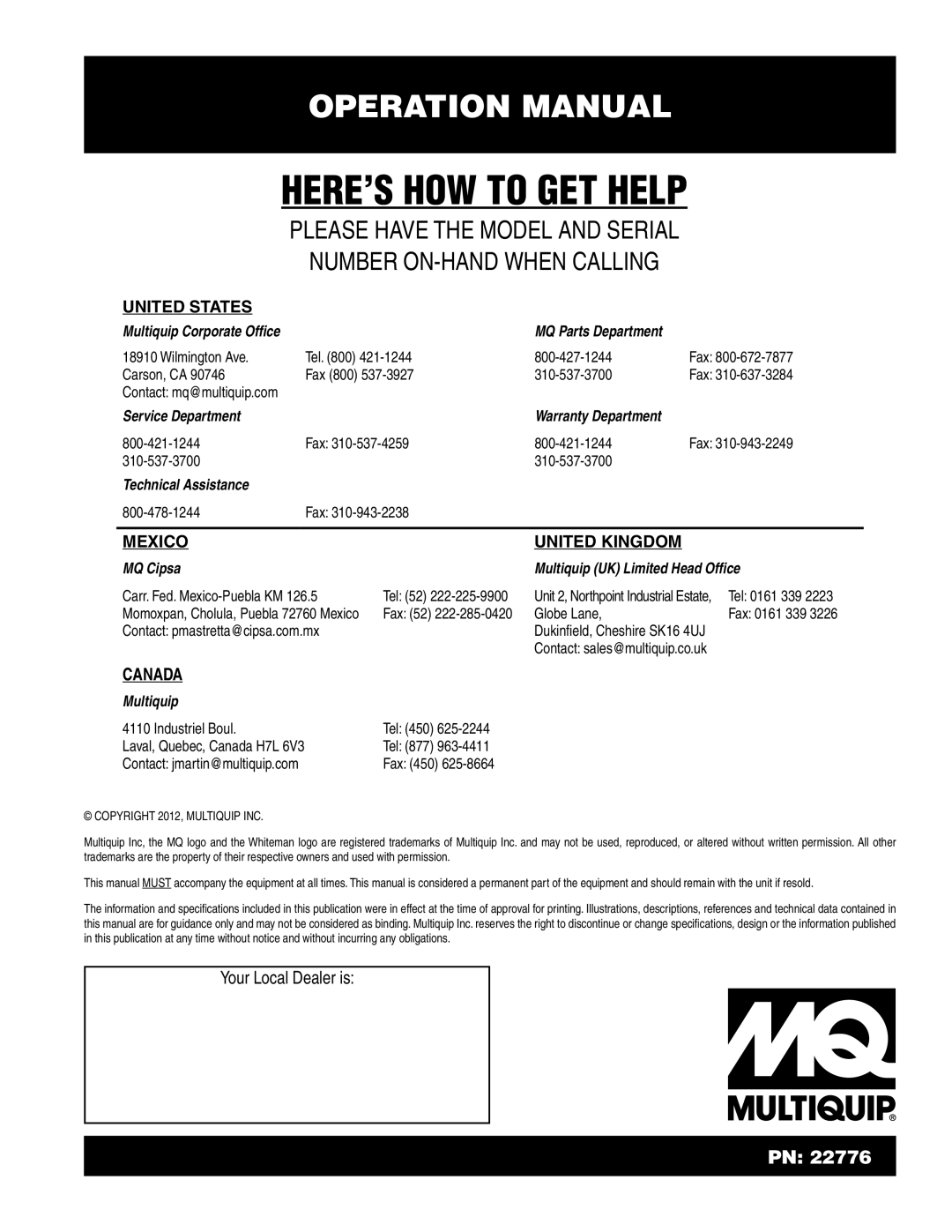 Multiquip STXD6i operation manual HERE’S HOW to GET Help 