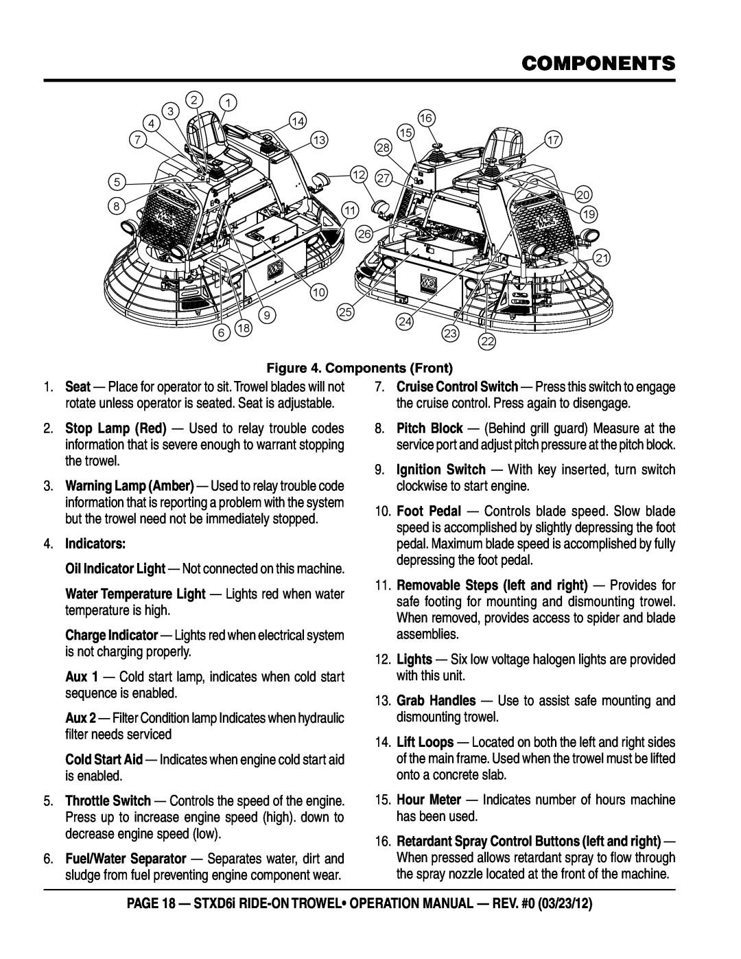 Multiquip STXD6i components, Indicators, page 18 - stxd6i RIDE-ON TROWEL operation manual - rev. #0 03/23/12 