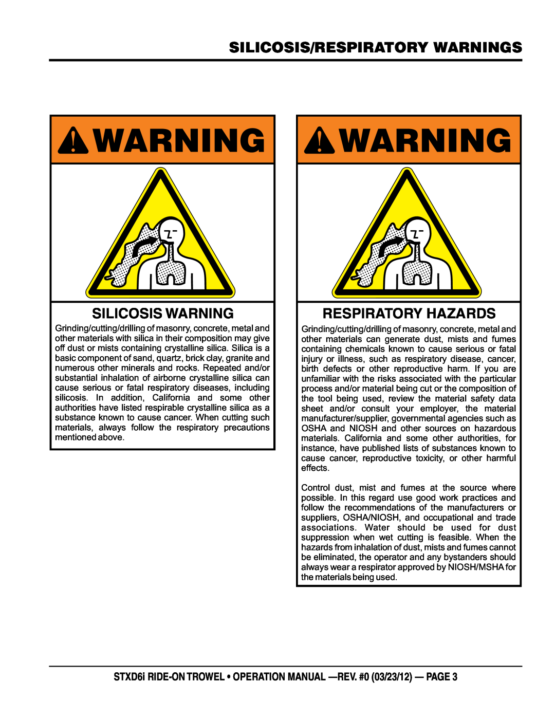Multiquip STXD6i operation manual silicosis/respiratory warnings, Silicosis Warning, Respiratory Hazards 