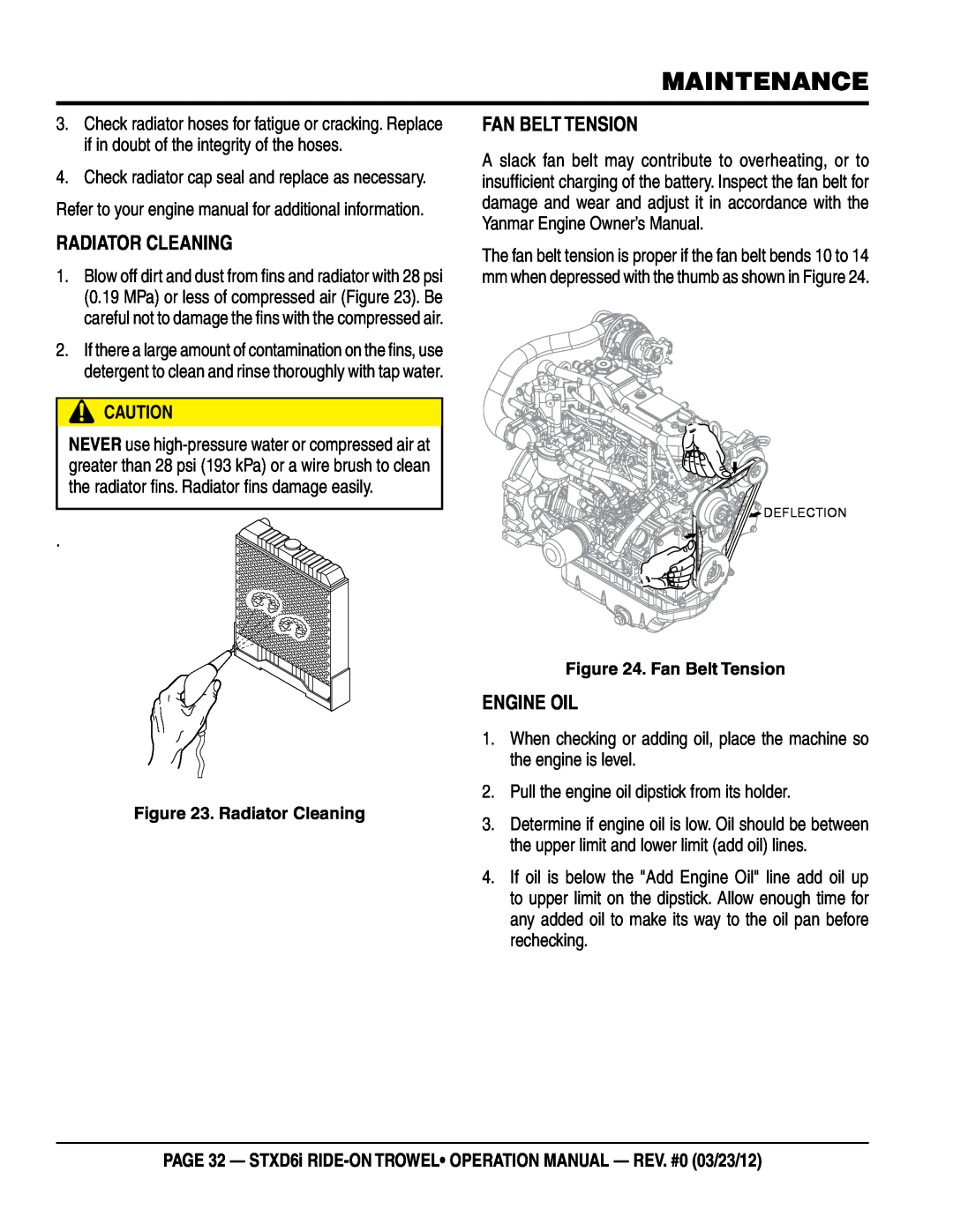 Multiquip STXD6i operation manual Radiator Cleaning, fan Belt Tension, engine oil, maintenance 
