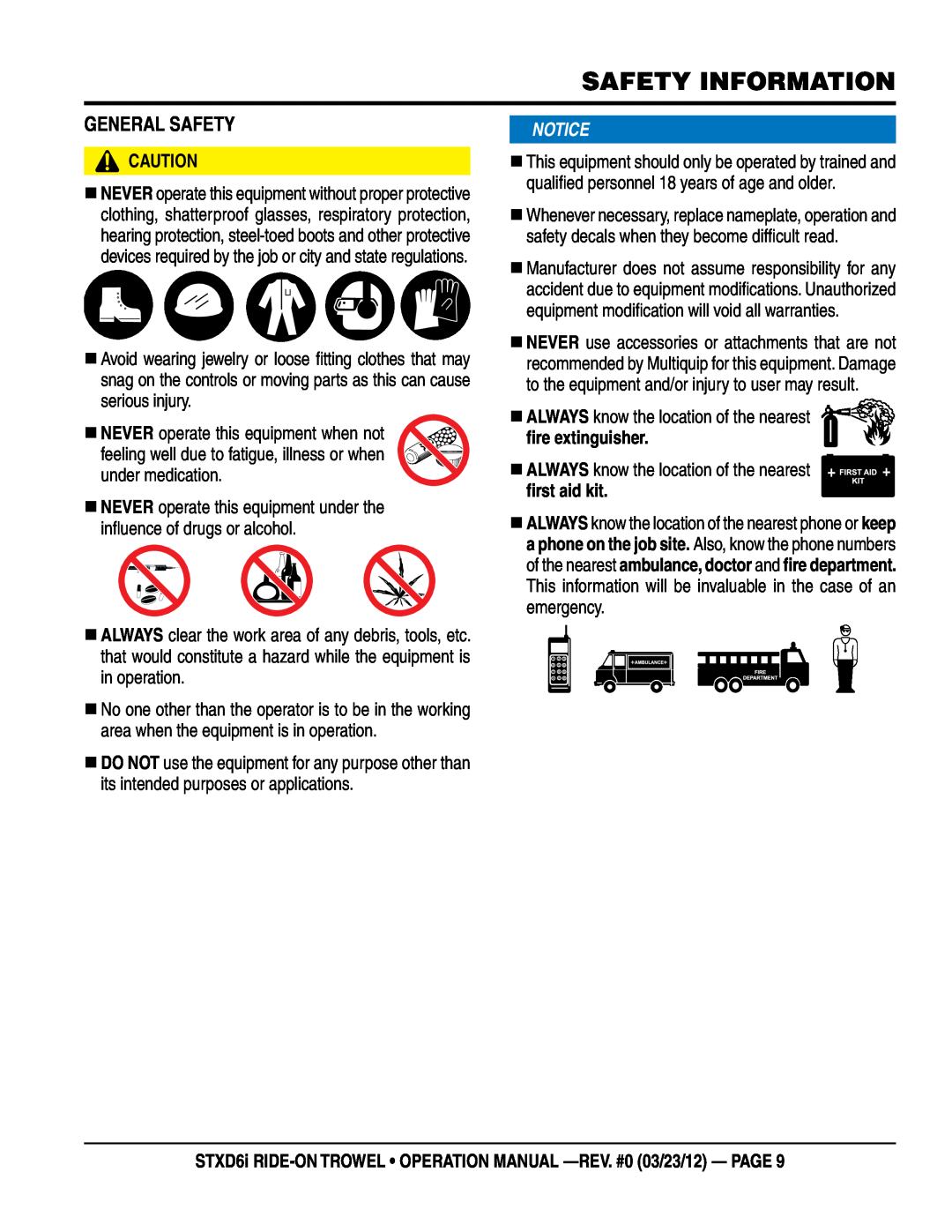 Multiquip geNeRaL safeTy, Safety Information, STXD6i RIDE-ON TROWEL operation manual -rev. #0 03/23/12 - page 