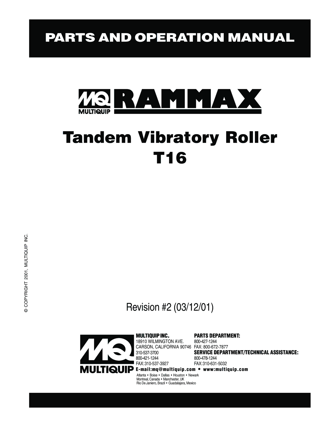 Multiquip operation manual Tandem Vibratory Roller T16 