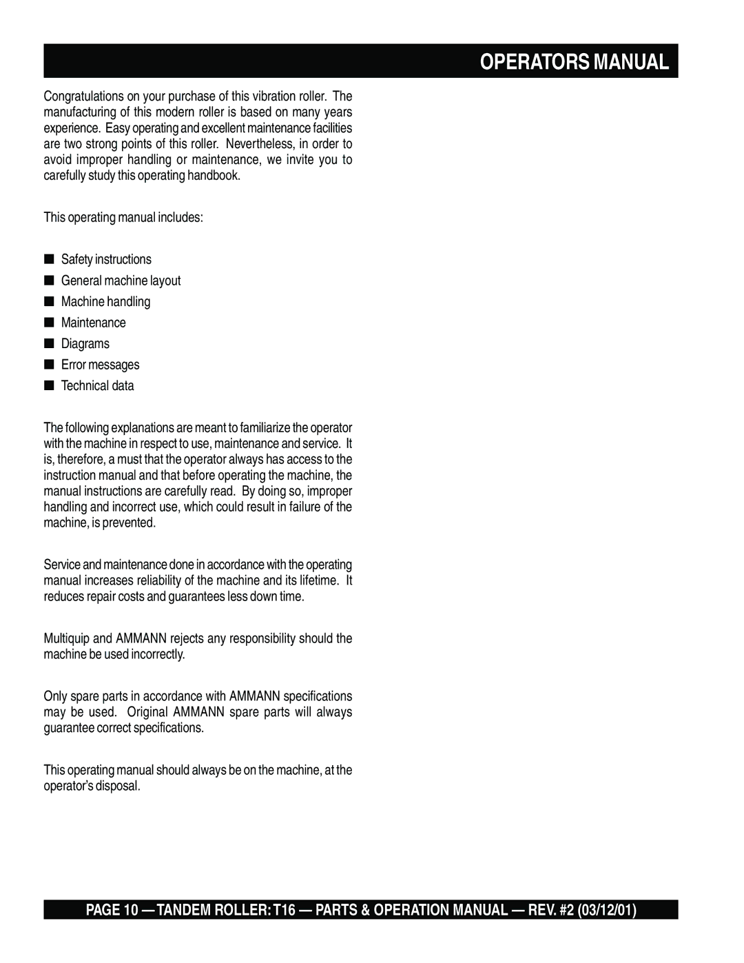 Multiquip T16 operation manual Operators Manual 