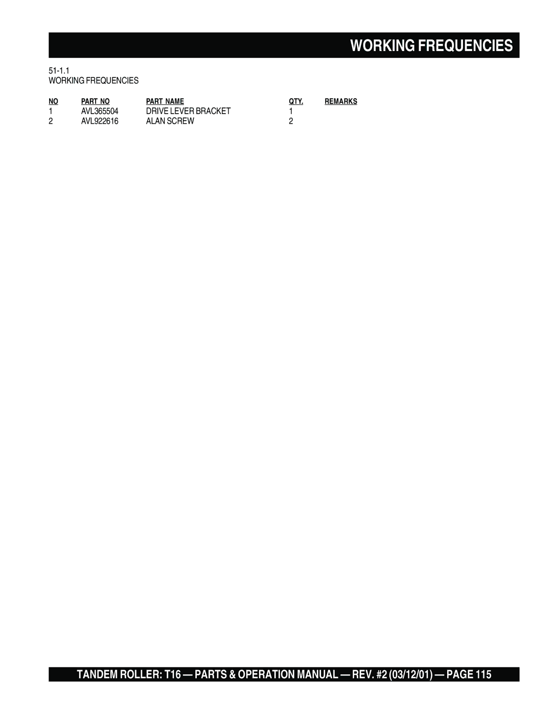 Multiquip T16 operation manual Working Frequencies, Drive Lever Bracket 