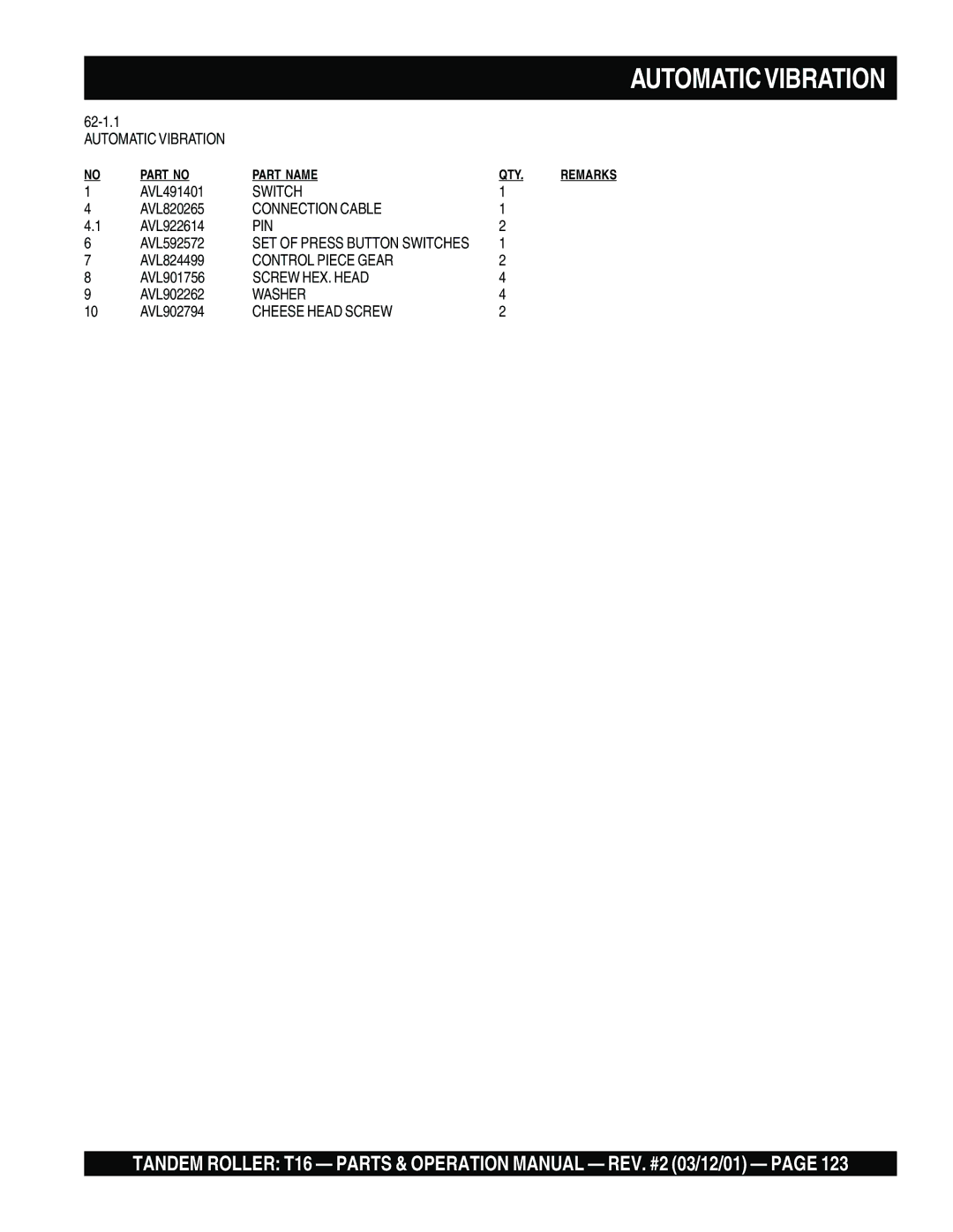 Multiquip T16 operation manual Automatic Vibration, Connection Cable 