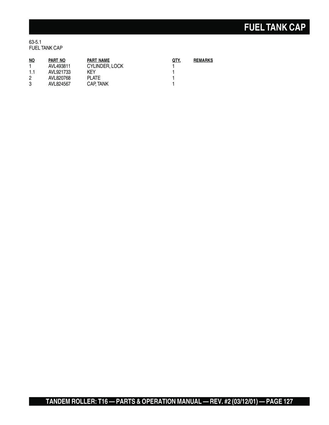 Multiquip T16 operation manual Fuel Tank CAP, CYLINDER, Lock, CAP, Tank 