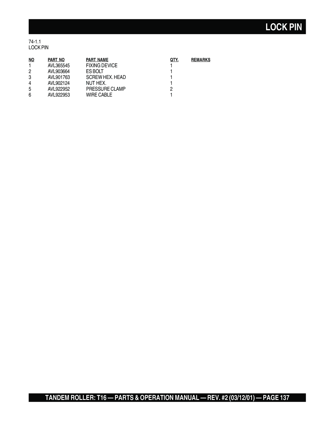 Multiquip T16 operation manual Lock PIN, Wire Cable 