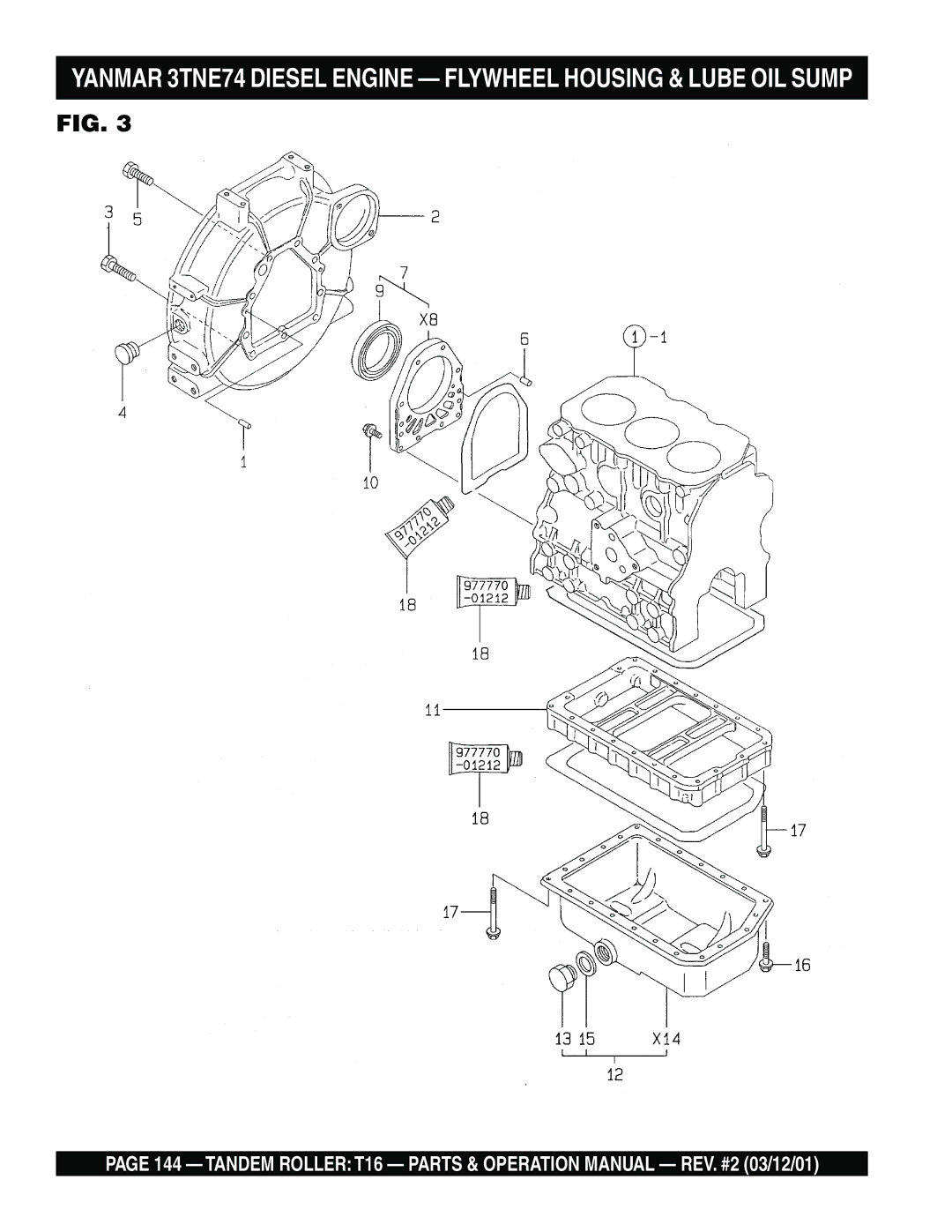 Multiquip T16 operation manual Yanmar 3TNE74 Diesel Engine Flywheel Housing & Lube OIL Sump 