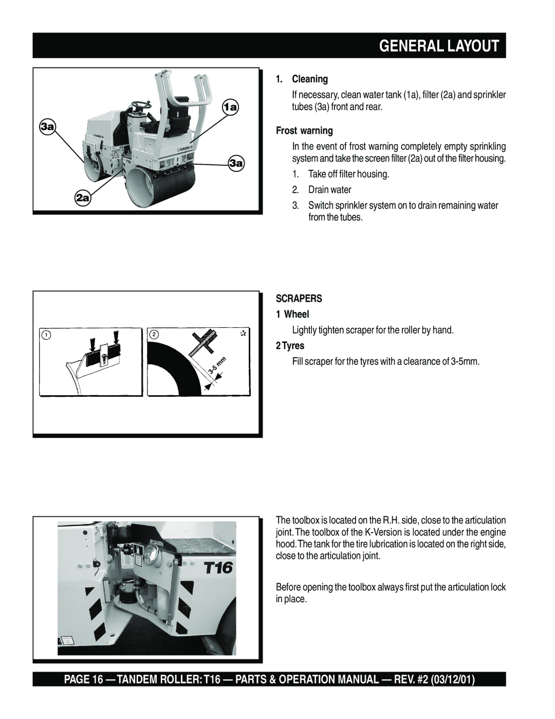 Multiquip T16 operation manual Cleaning, Frost warning, Wheel, Tyres 