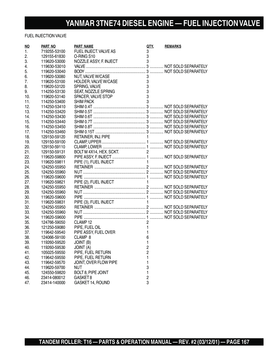 Multiquip T16 Fuel Injection Valve, Fuel INJECT.VALVE AS, Ring S10, Nozzle ASSY, F. Inject, NUT, Valve W/CASE, Shim Pack 