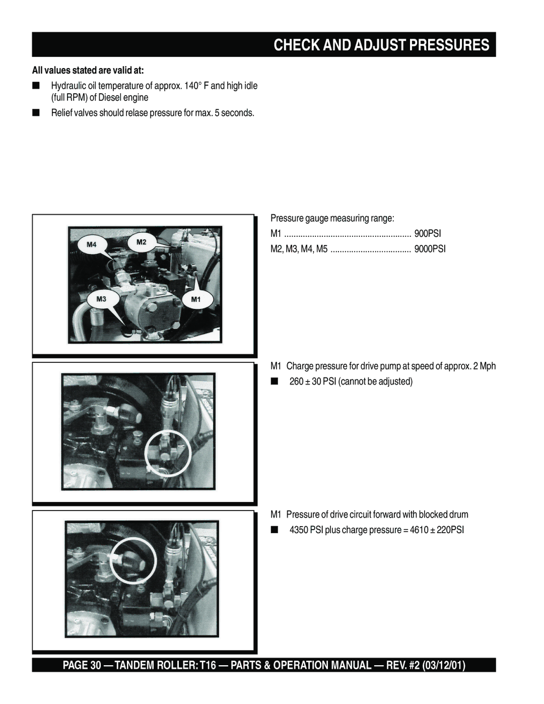 Multiquip T16 operation manual Check and Adjust Pressures, All values stated are valid at 