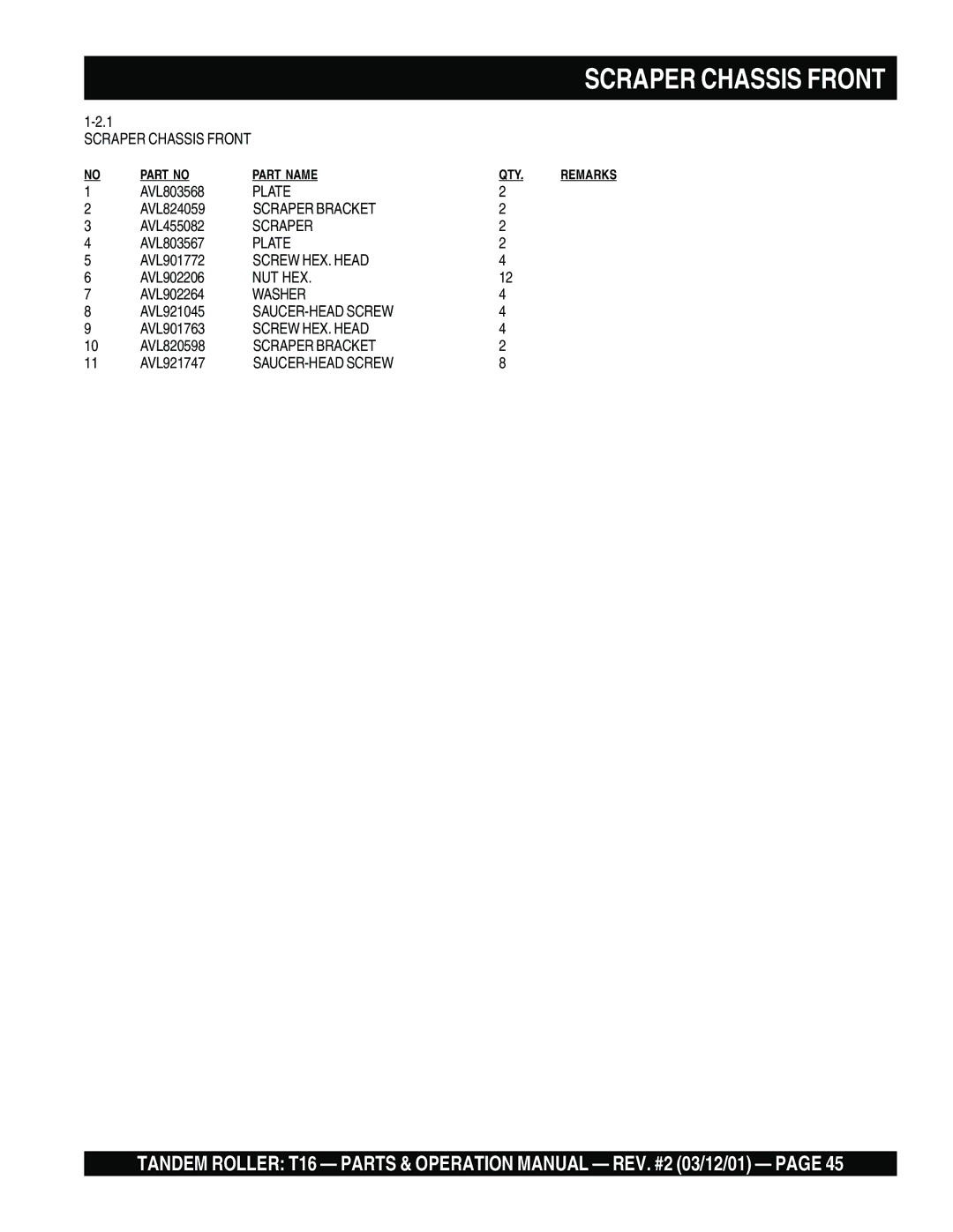 Multiquip T16 operation manual Scraper Chassis Front, Plate, Scraper Bracket, SAUCER-HEAD Screw 