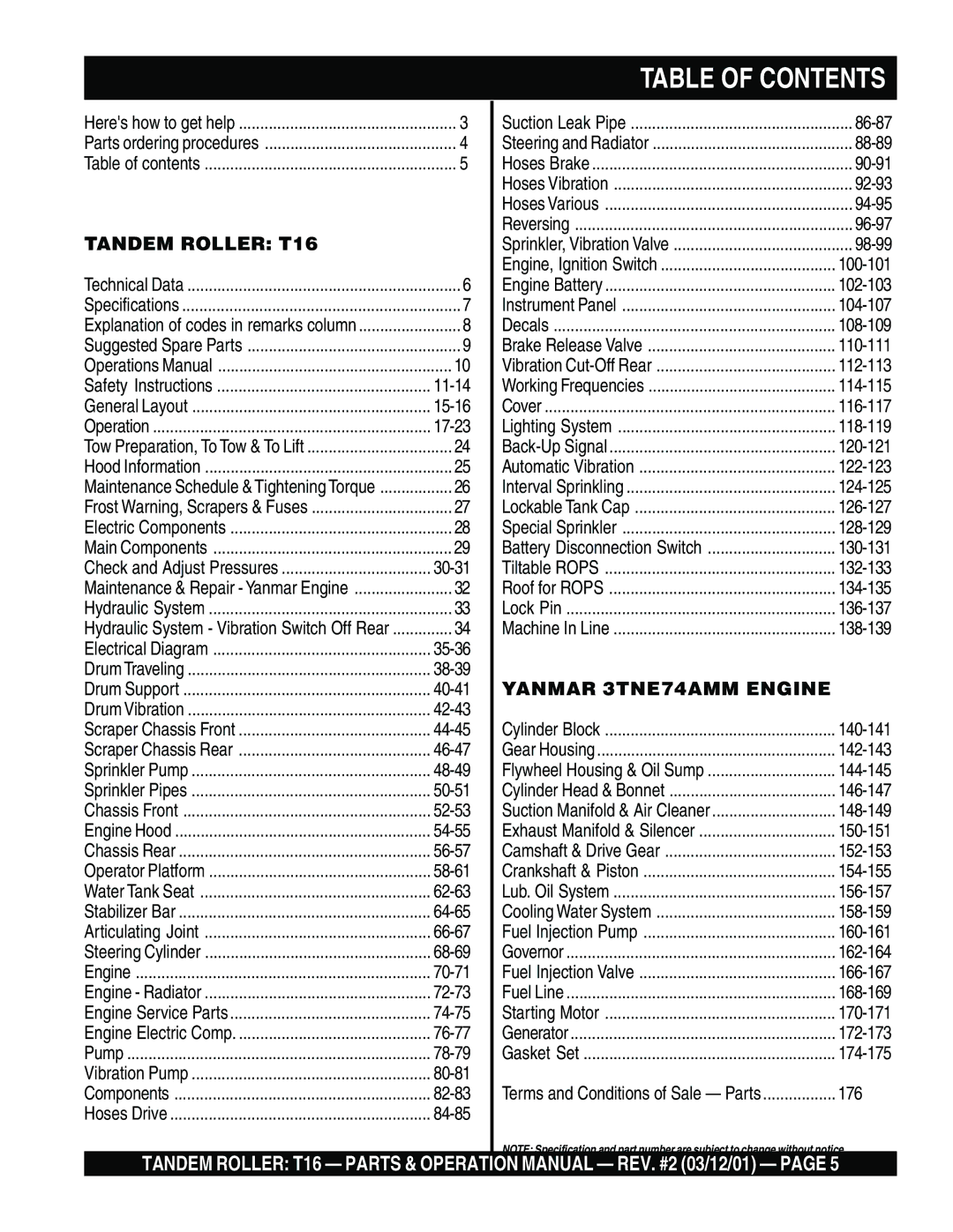 Multiquip T16 operation manual Table of Contents 