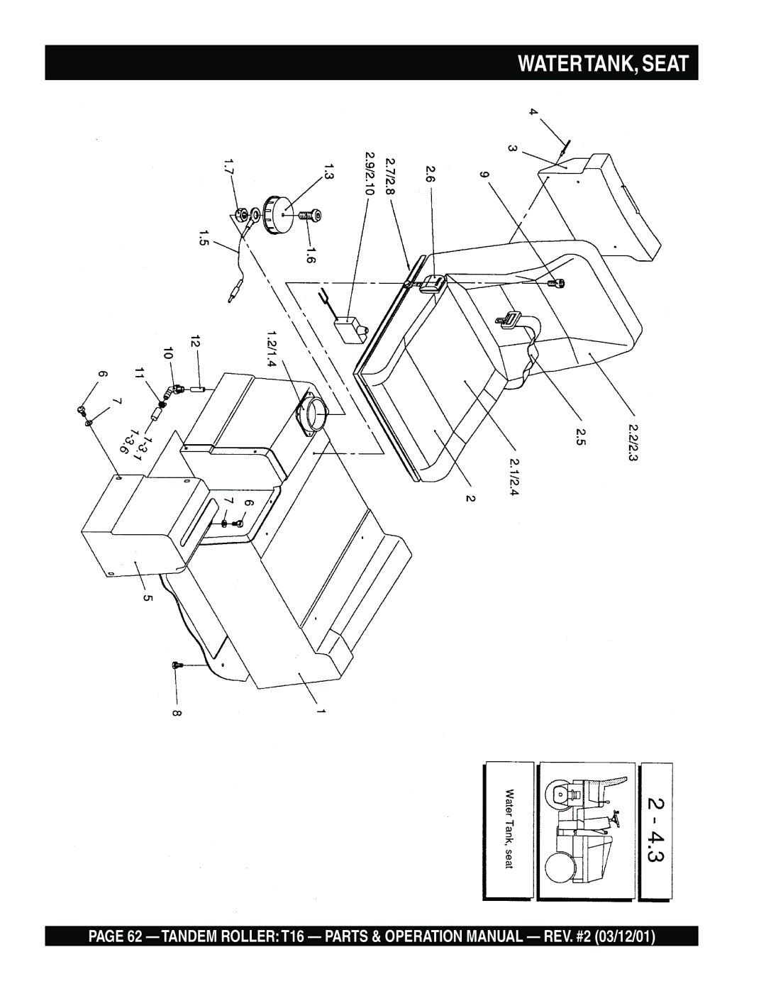 Multiquip T16 operation manual WATERTANK, Seat 