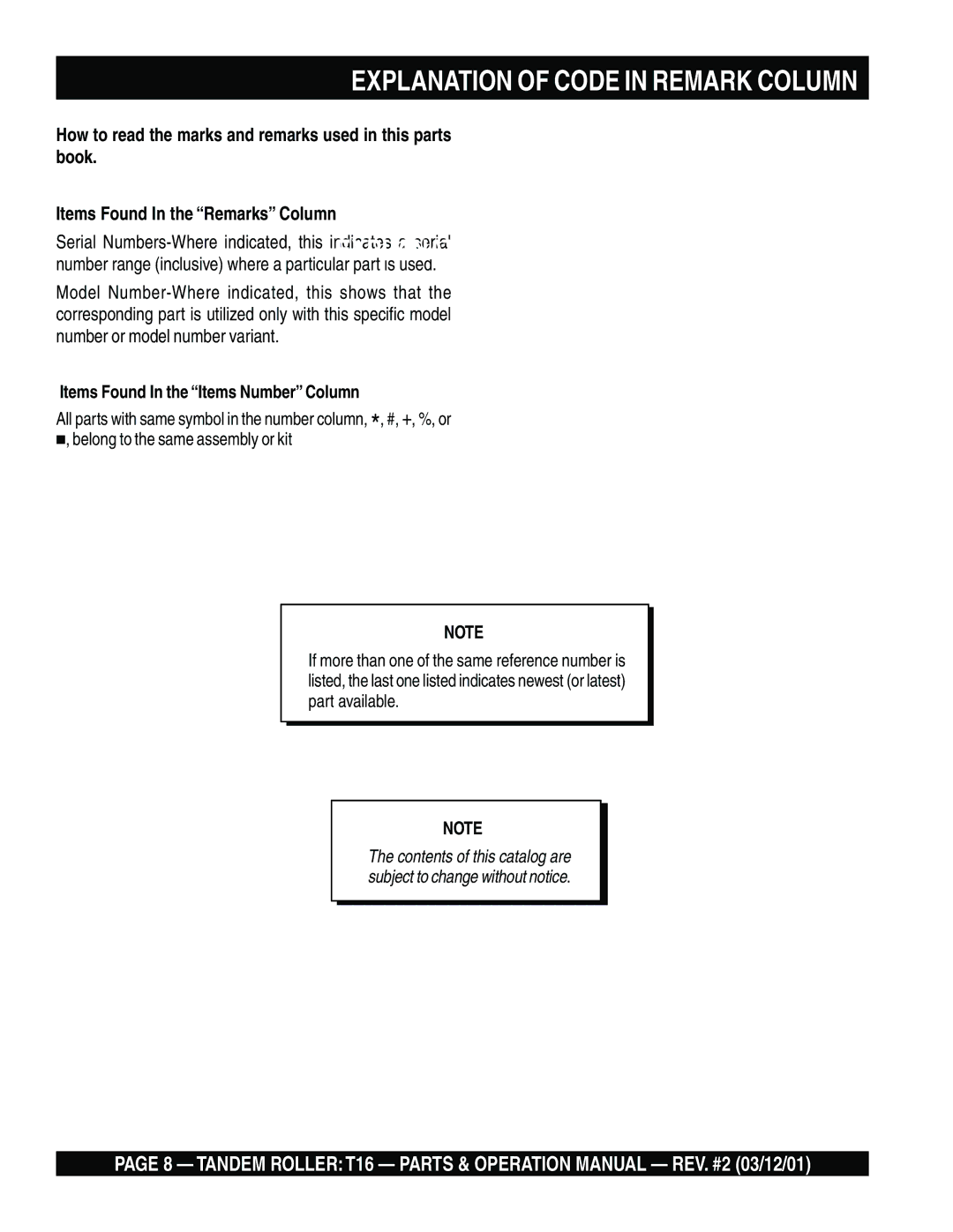 Multiquip T16 operation manual Explanation of Code in Remark Column, Items Found In the Items Number Column 