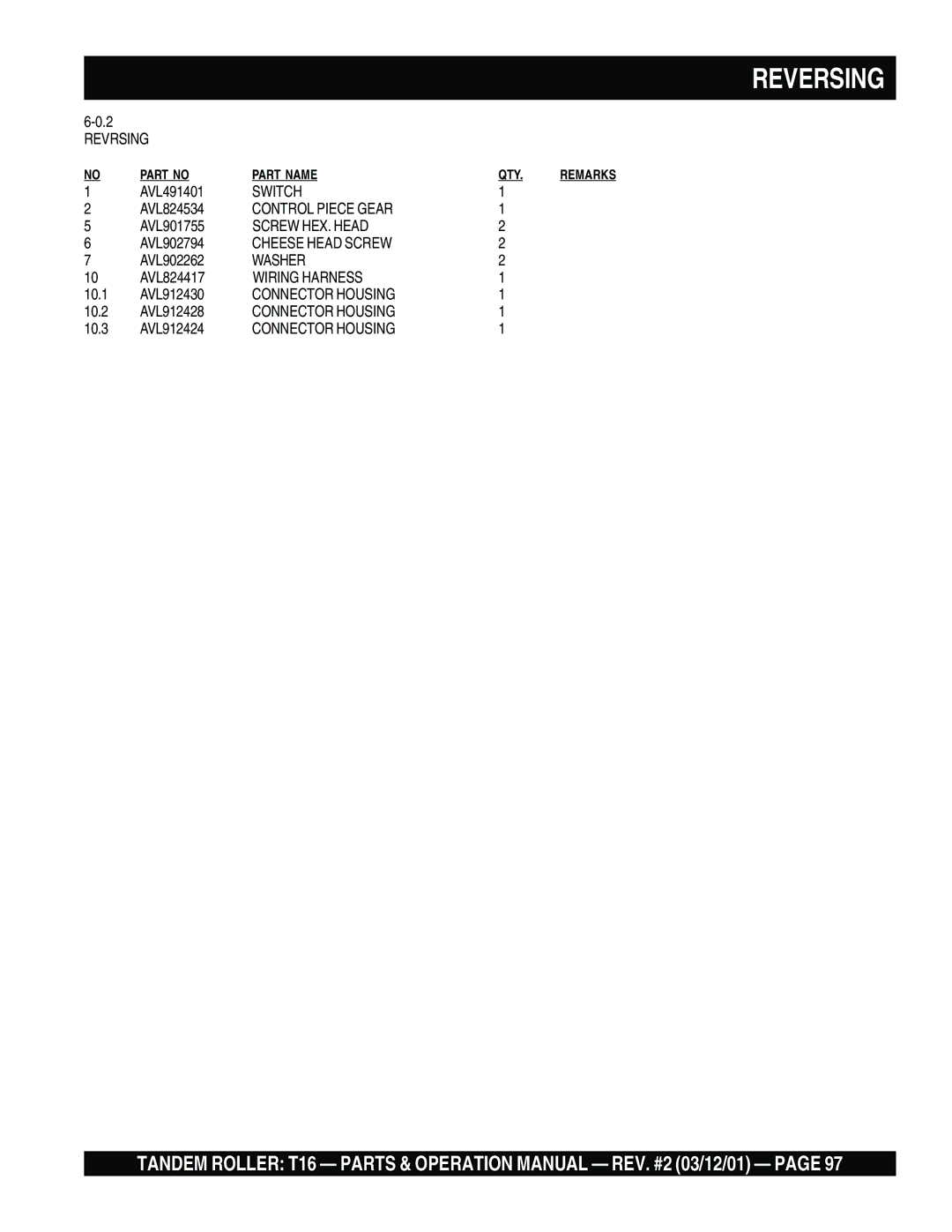 Multiquip T16 operation manual Revrsing, Control Piece Gear, Wiring Harness, Connector Housing 