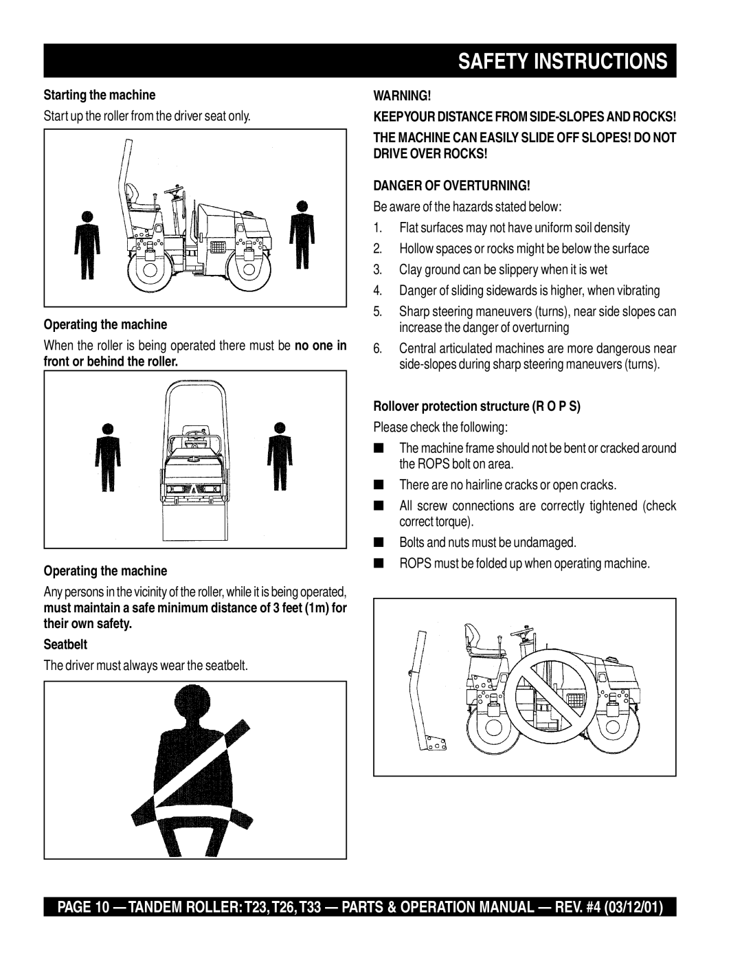 Multiquip T23 Safety Instructions, Starting the machine, Operating the machine, Rollover protection structure R O P S 