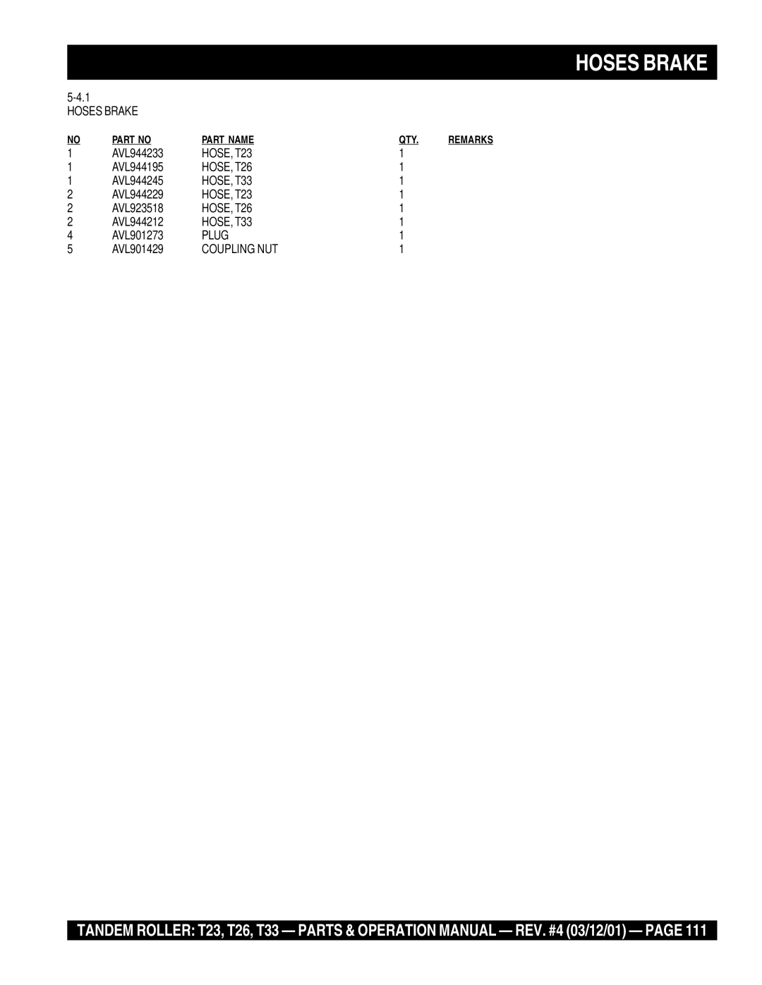 Multiquip operation manual Hoses Brake, HOSE, T23 