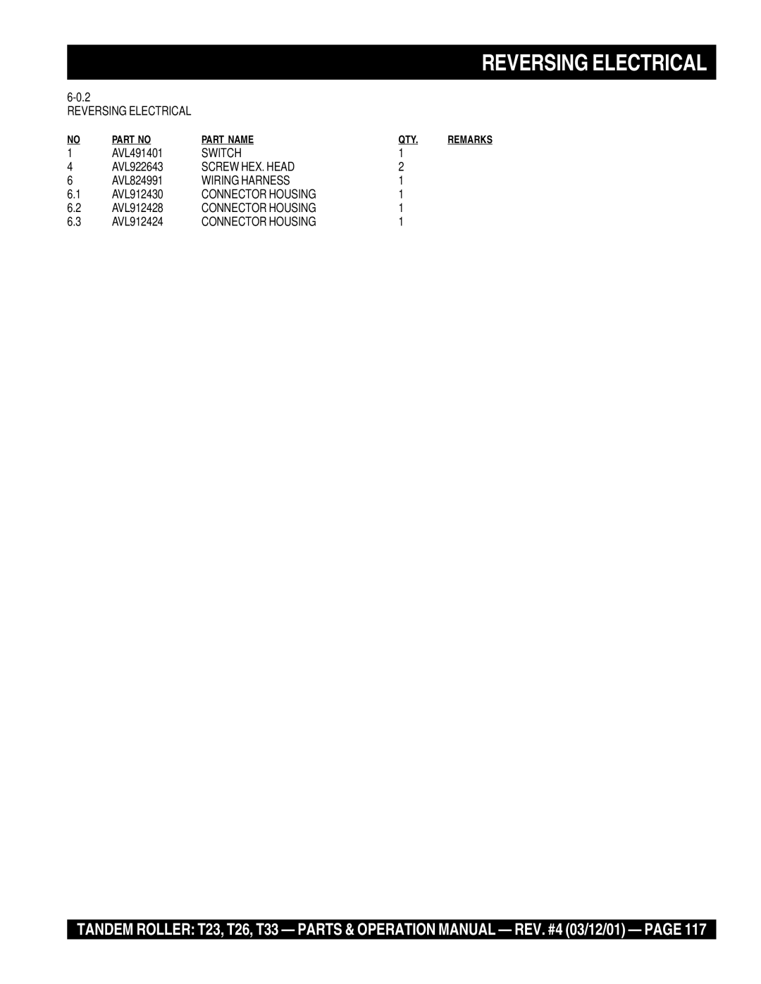 Multiquip T23 operation manual Reversing Electrical, Wiring Harness, Connector Housing 