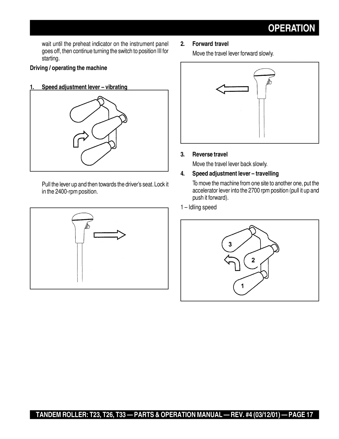 Multiquip T23 operation manual Forward travel, Reverse travel, Speed adjustment lever travelling 