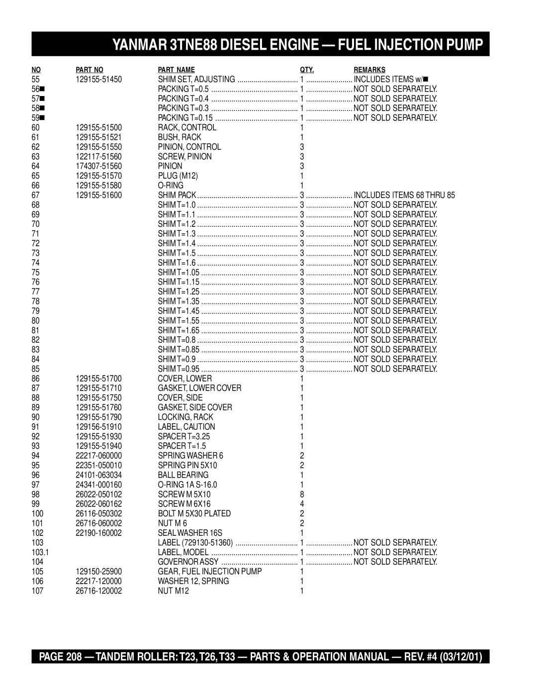 Multiquip T23 RACK, Control, BUSH, Rack, PINION, Control, SCREW, Pinion, COVER, Lower, GASKET, Lower Cover, COVER, Side 