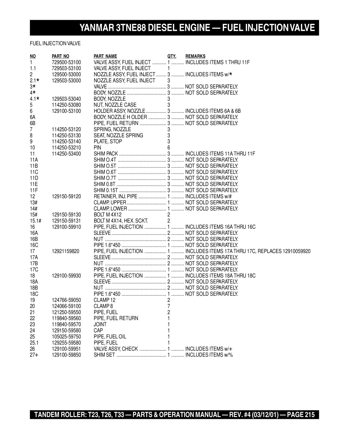 Multiquip T23 Fuel Injection Valve, Includes Items 1 Thru 11F, Valve ASSY, Fuel Inject, BODY, Nozzle, NUT, Nozzle Case 