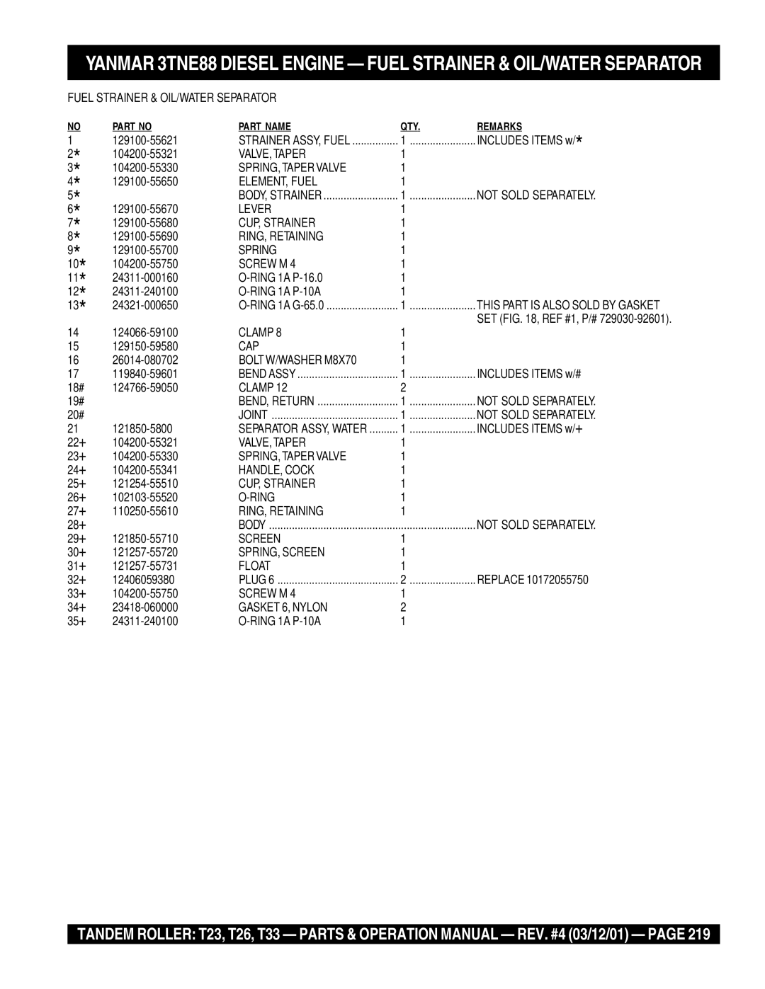 Multiquip T23 Fuel Strainer & OIL/WATER Separator, VALVE, Taper, SPRING, Taper Valve, ELEMENT, Fuel, CUP, Strainer, Screen 