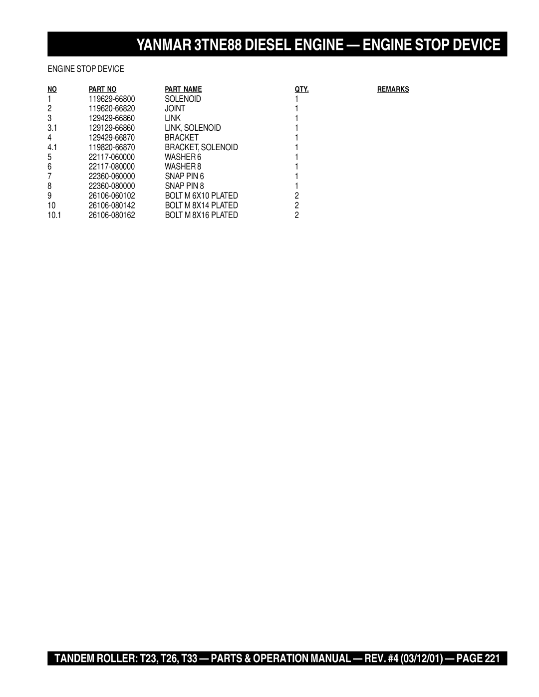 Multiquip T23 operation manual Yanmar 3TNE88 Diesel Engine Engine Stop Device 