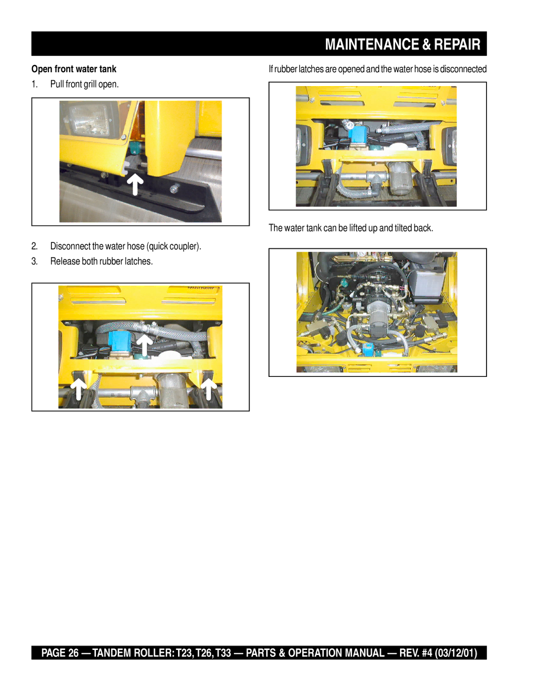 Multiquip T23 operation manual Maintenance & Repair, Open front water tank 