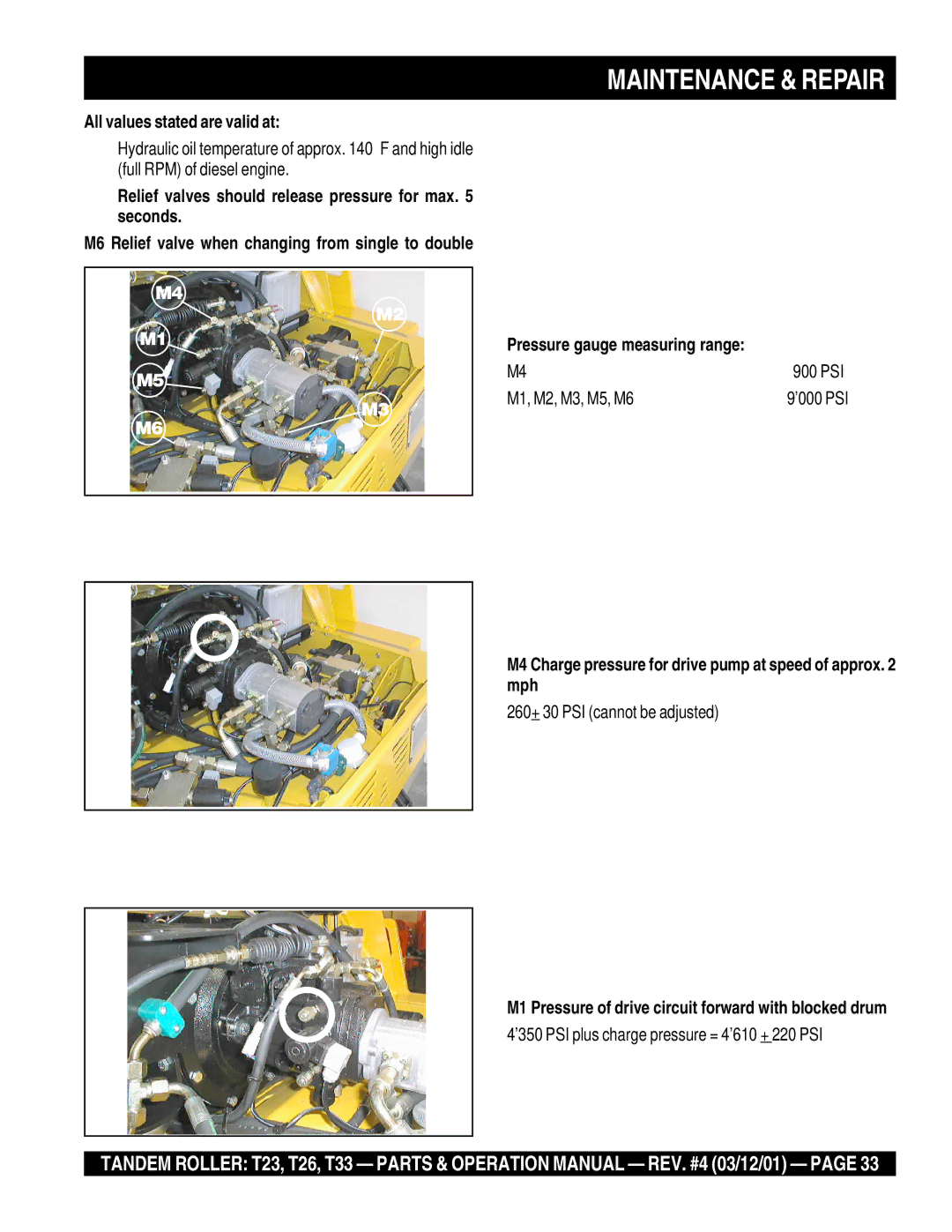 Multiquip T23 operation manual All values stated are valid at, Relief valves should release pressure for max seconds 