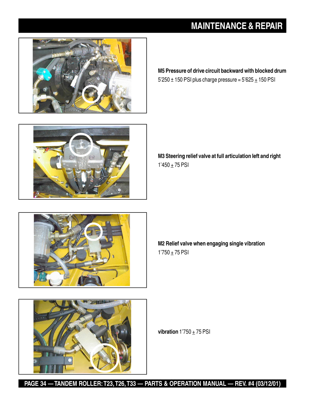 Multiquip T23 M5 Pressure of drive circuit backward with blocked drum, M2 Relief valve when engaging single vibration 