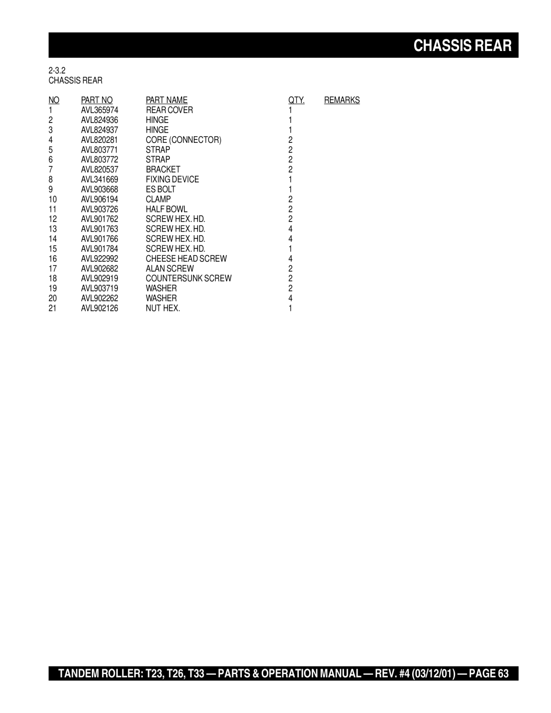 Multiquip T23 operation manual Chassis Rear Part Name QTY, Rear Cover, Fixing Device, ES Bolt 