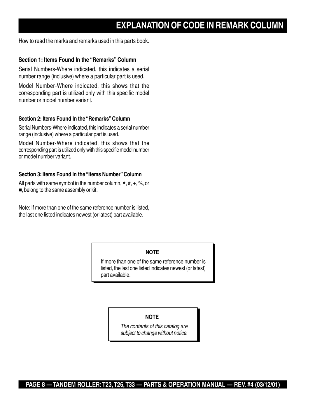 Multiquip T23 operation manual Explanation of Code in Remark Column, Items Found In the Remarks Column 