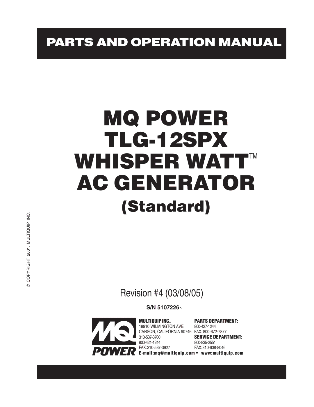 Multiquip operation manual MQ Power TLG-12SPX Whisper Watttm AC Generator 